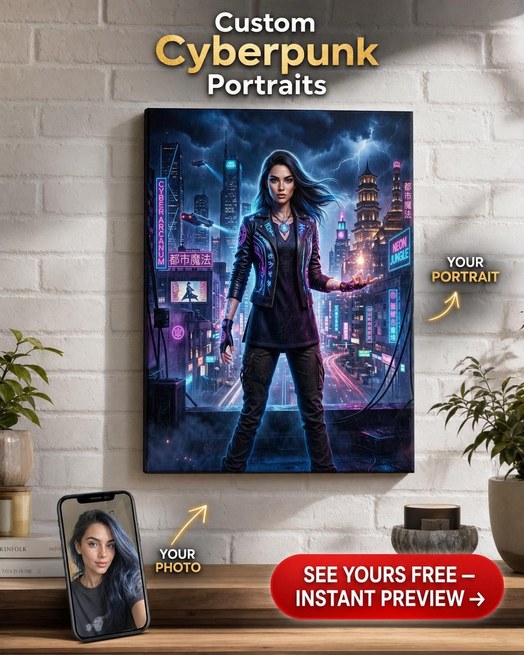 Custom Cyberpunk Man Portrait — Neon Cityscape Canvas for Woman