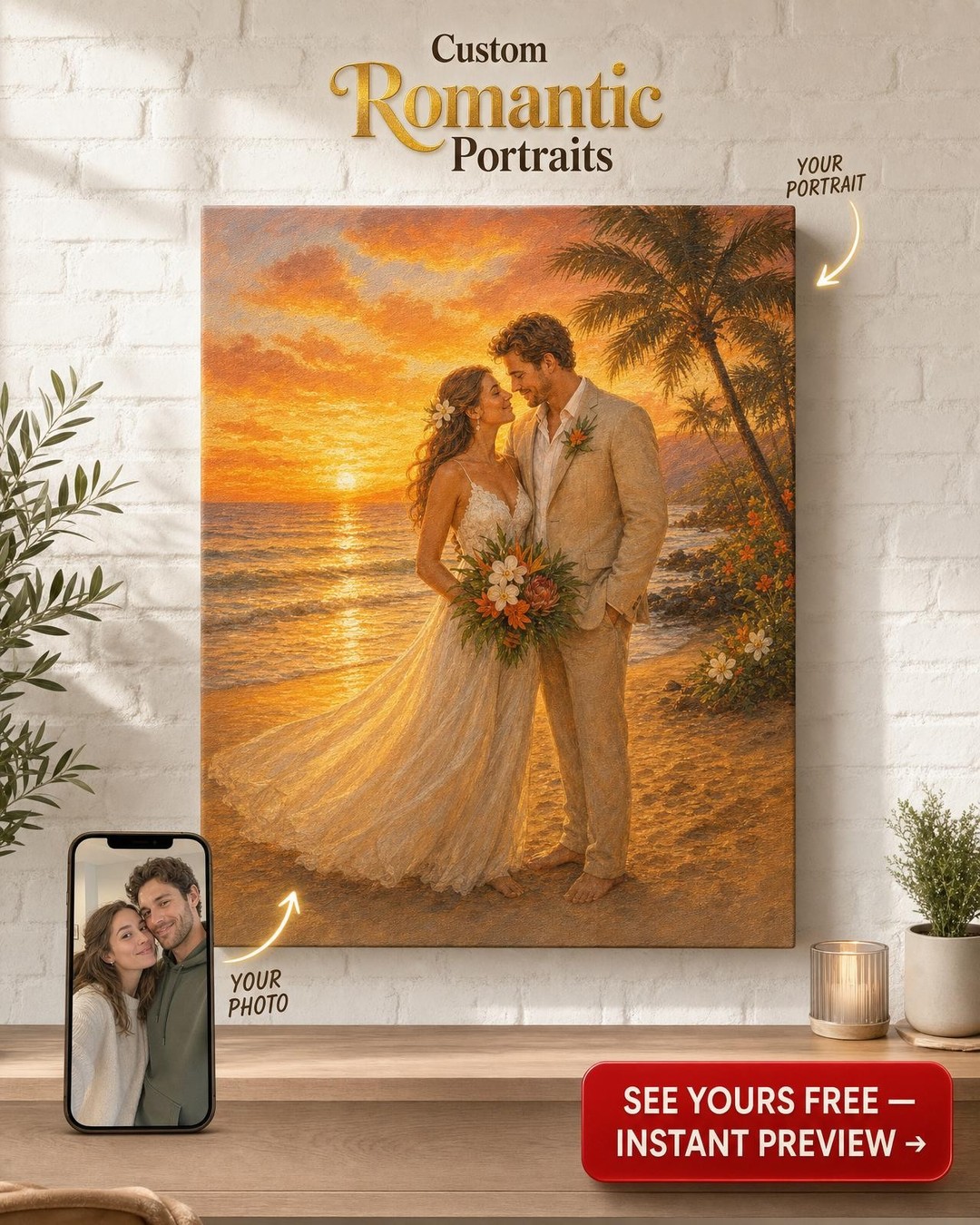 Sunset Beach Wedding Portrait – Custom Canvas Art