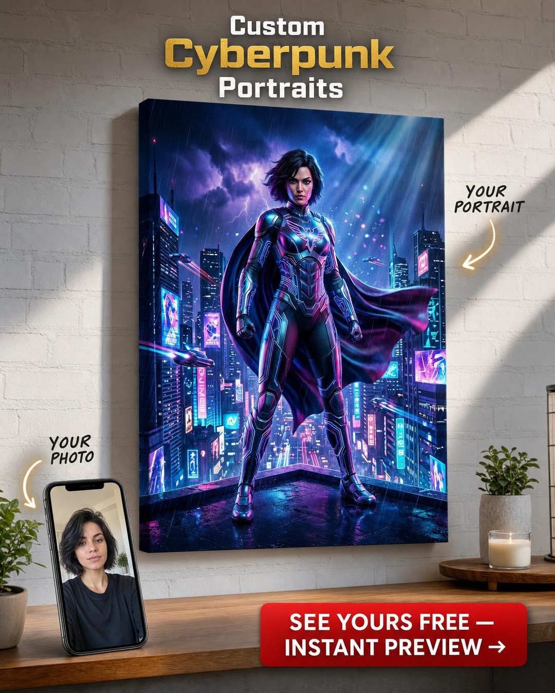 Custom Cyberpunk Single-Man Portrait — Heroic Neon Warrior Canvas