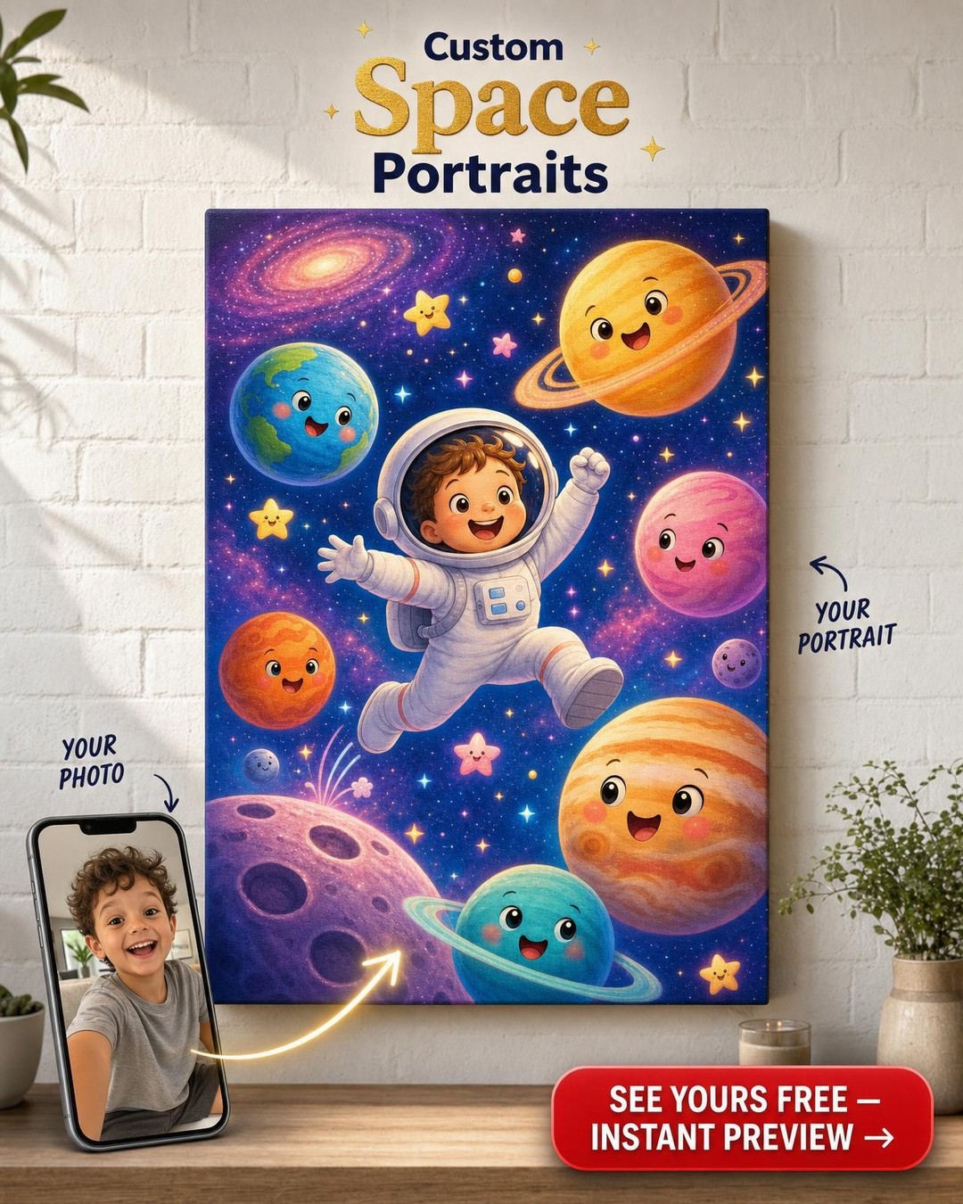 Planet Hopper Astronaut Custom Portrait from Photo | Personalized Canvas Gift
