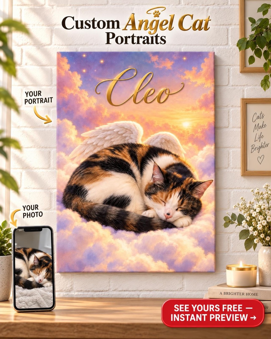 Sleeping Angel Cat Memorial Custom Portrait from Photo | Personalized Cat Memorial Gift