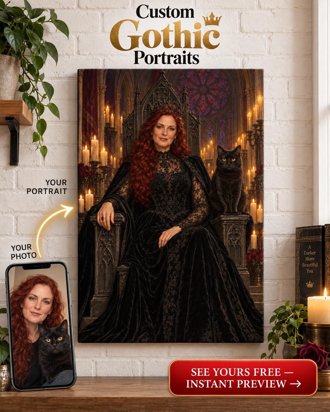 Gothic Queen With Cat Custom Portrait from Photo | Personalized Gothic Portrait Gift