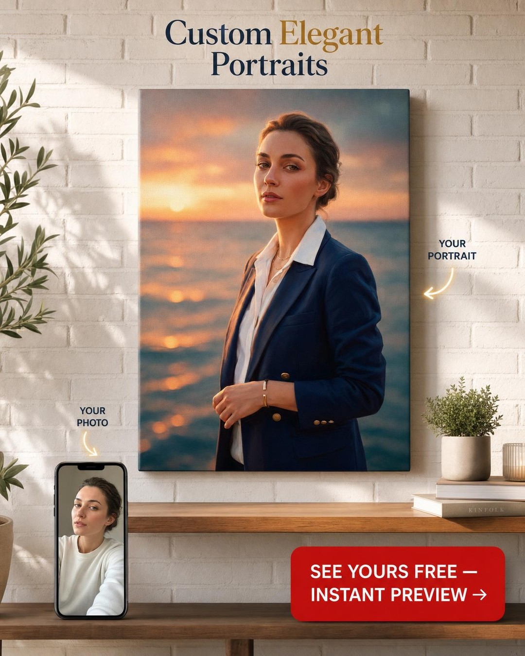 Custom Sunset Woman Portrait — Serene Ocean Canvas from Photo