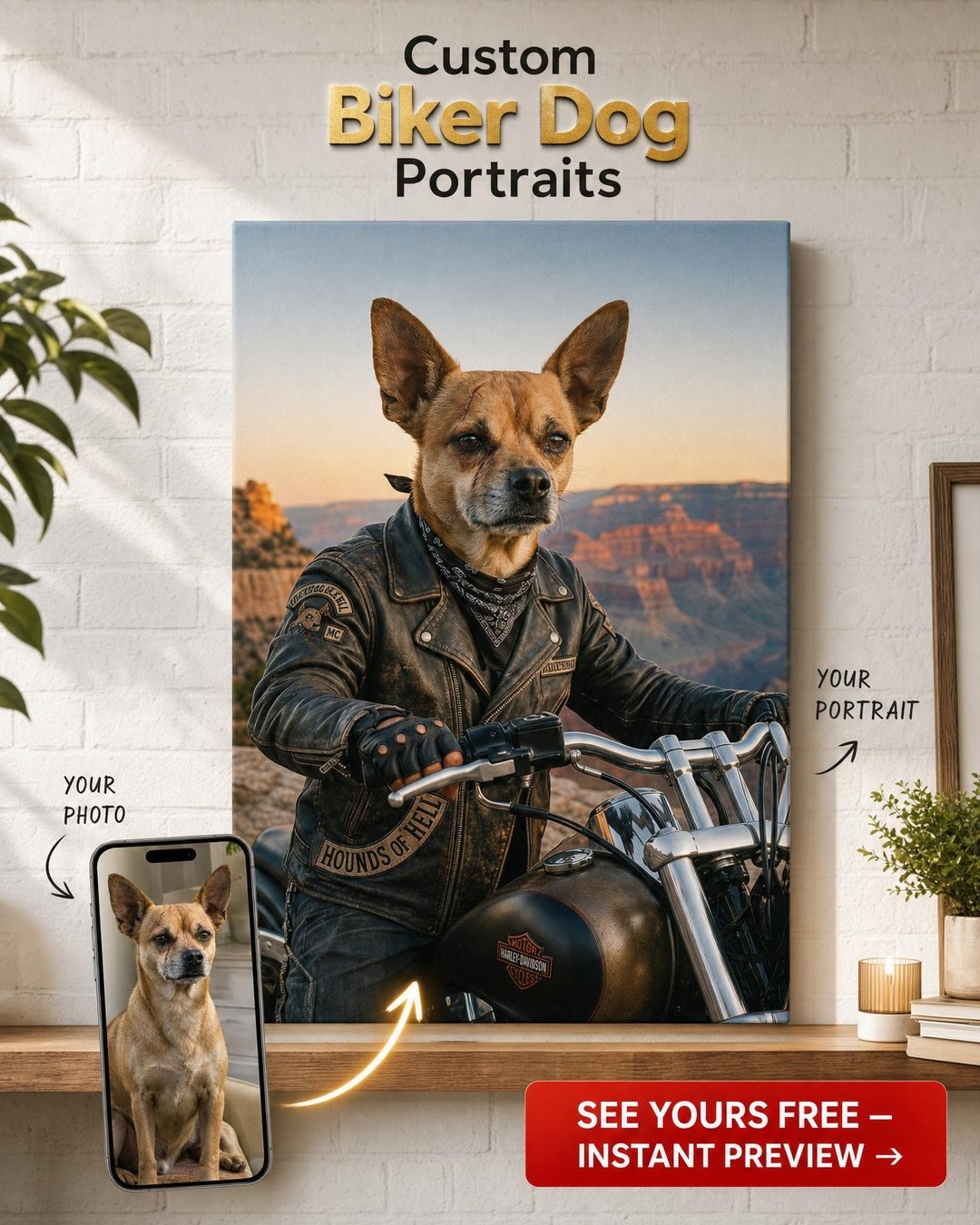 Custom Dog Portrait — Biker Pup Whimsical Canvas from Photo
