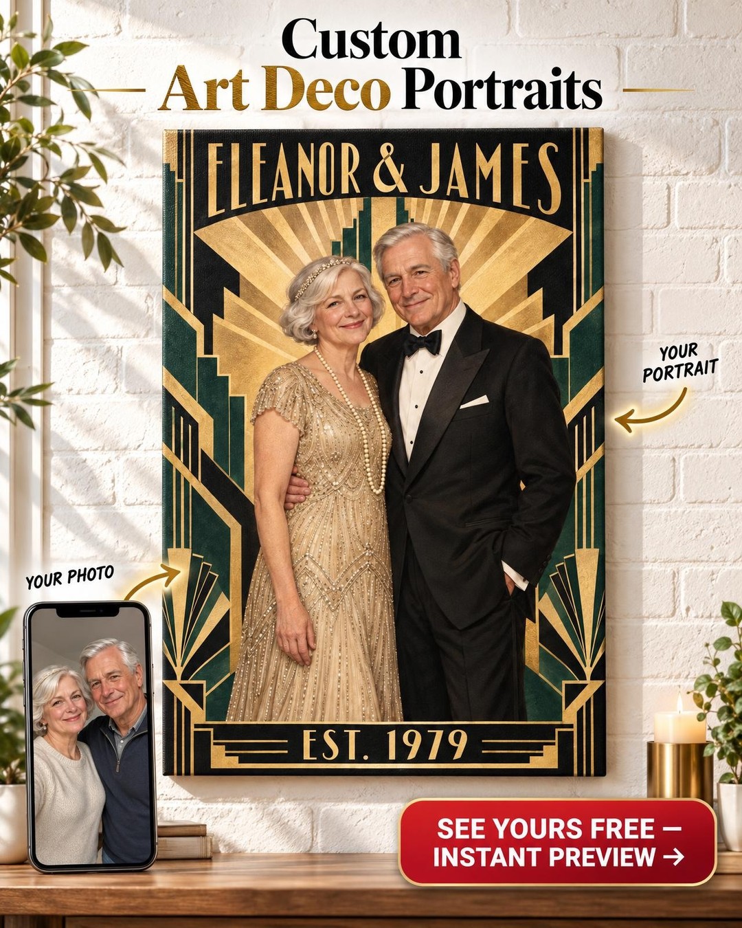 Art Deco Couple Custom Portrait from Photo | Personalized Masterpiece Portrait Gift