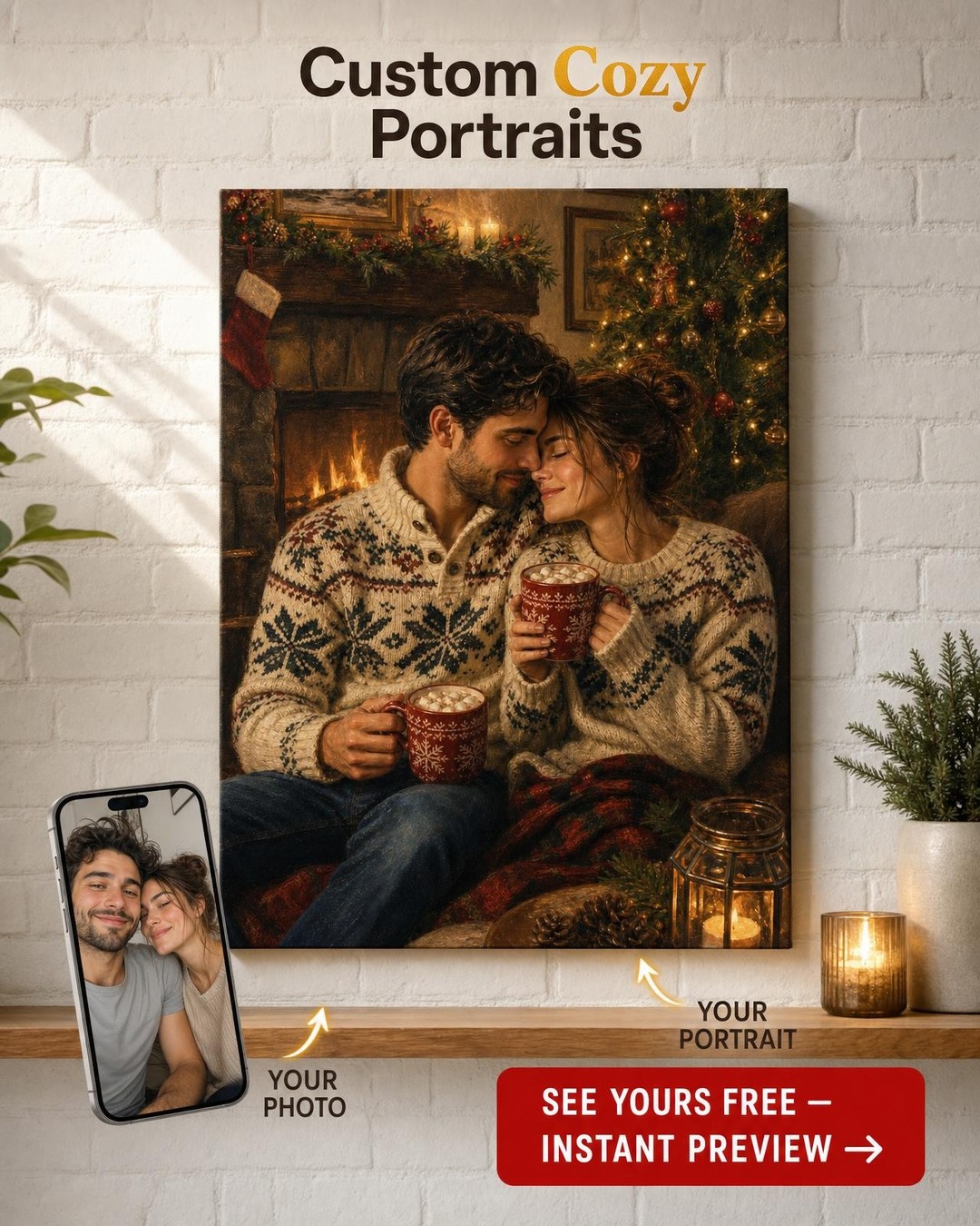 Custom Christmas Couple Portrait — Cozy Fireplace Magic from Photo