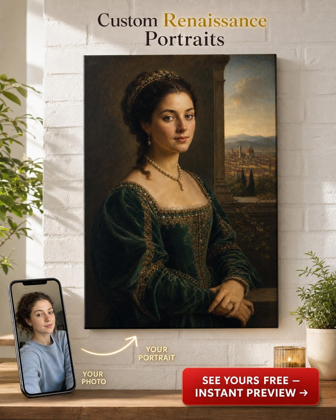 Renaissance Lady Custom Portrait from Photo | Personalized For Her Gift
