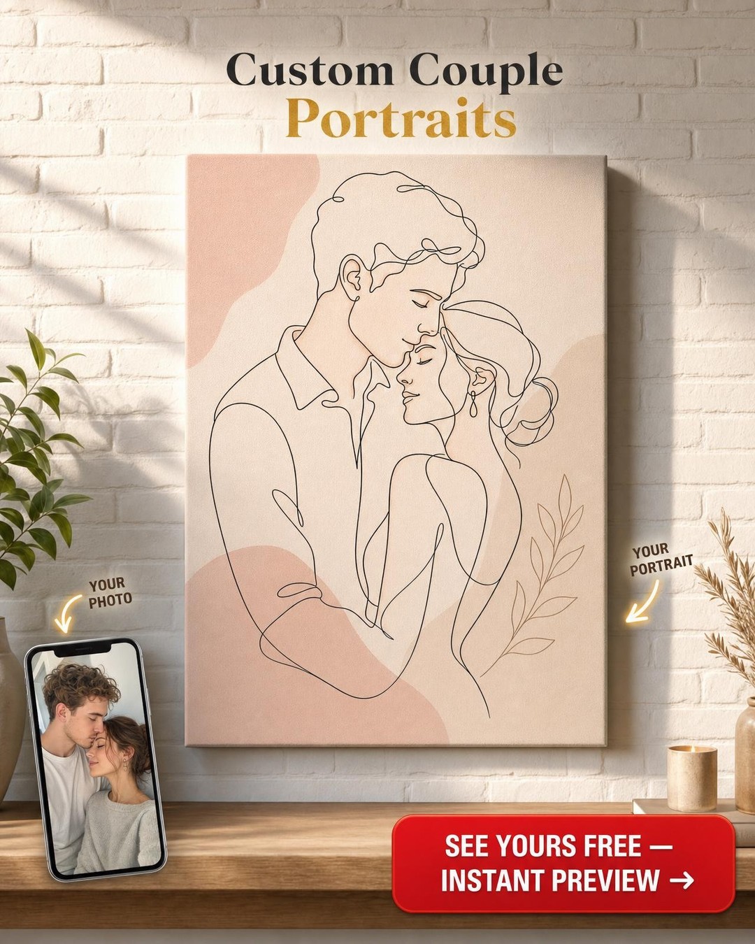 Minimalist Line Art Couple Canvas — AI-regenerated portrait, fresh per order