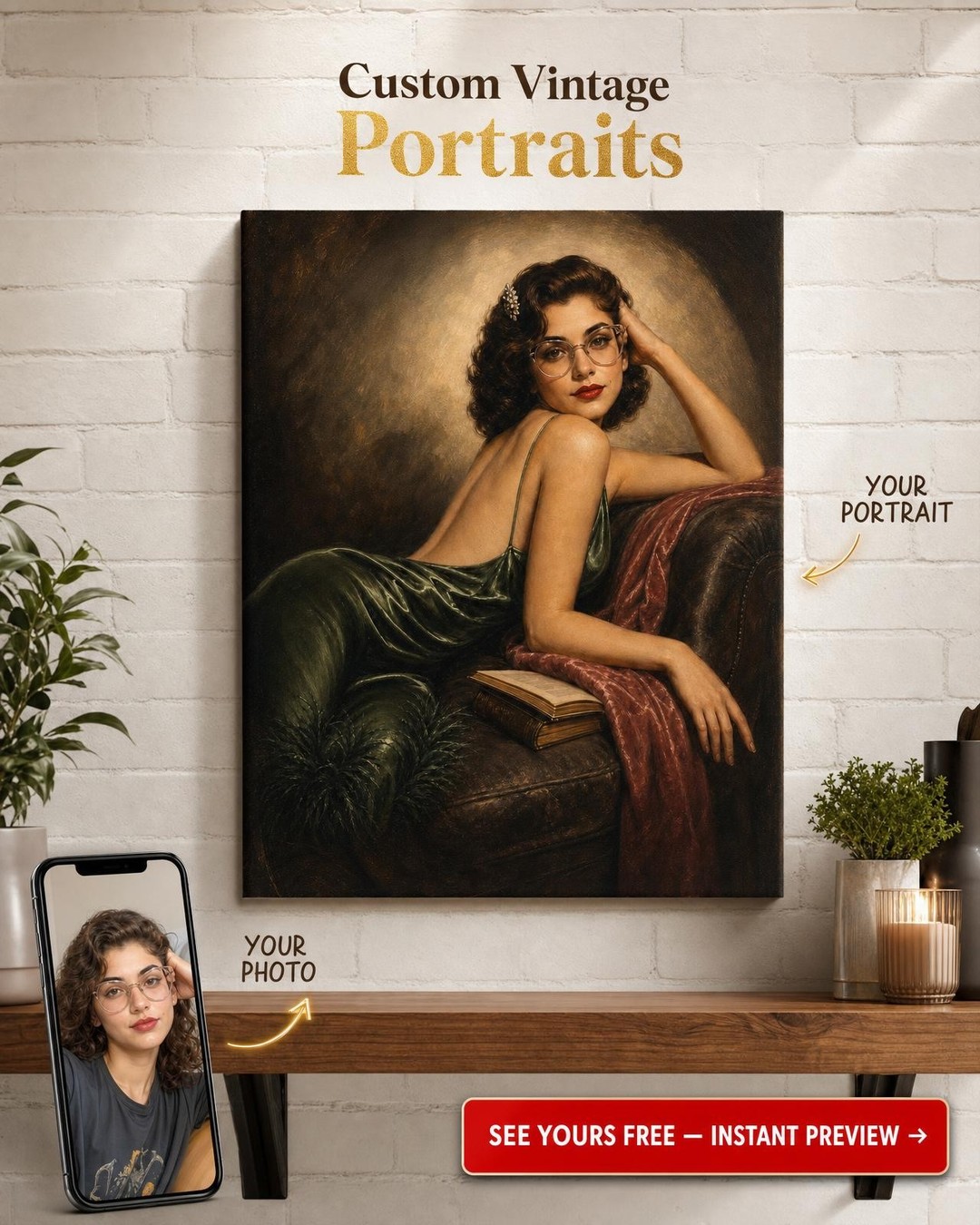Custom 1940s Hollywood Chaise Lounge Starlet Portrait — AI-regenerated portrait 