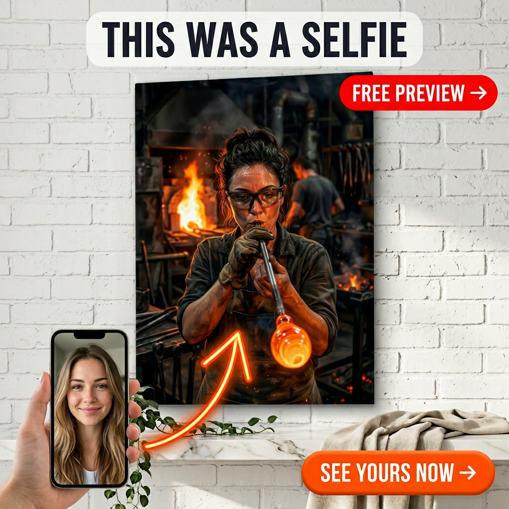 Portrait Personnalisé d'Artisan Souffleur de Verre Enflammé