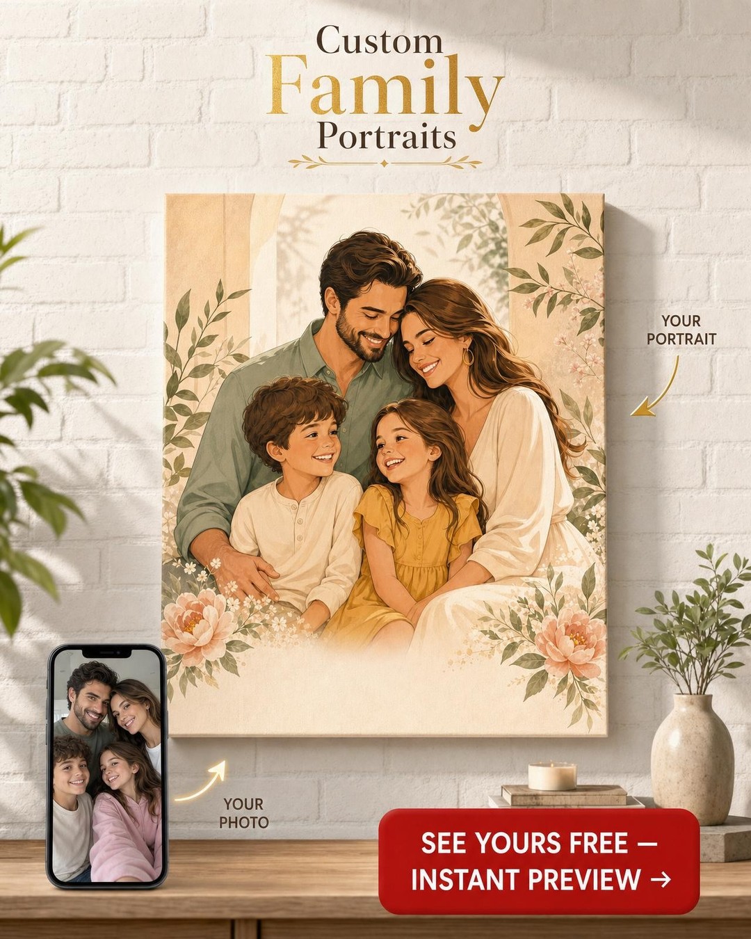 Custom Modern Illustrated Family Portrait — AI-regenerated portrait personalized