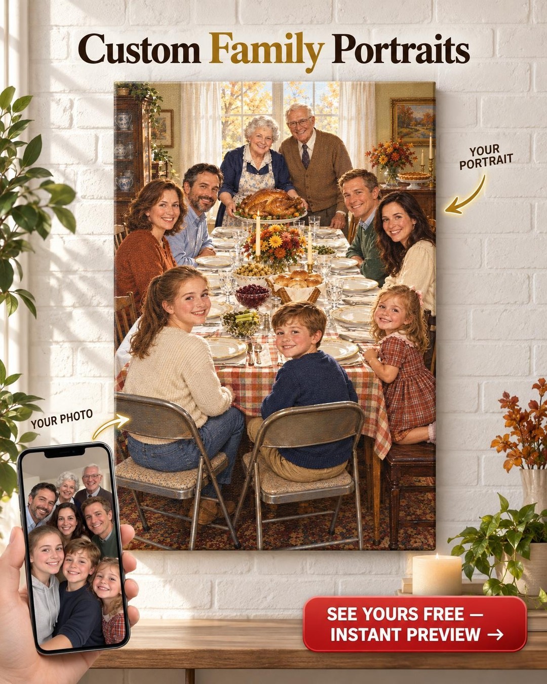 Everyone Home for Thanksgiving Family Custom Portrait from Photos | Personalized Gift for Parents
