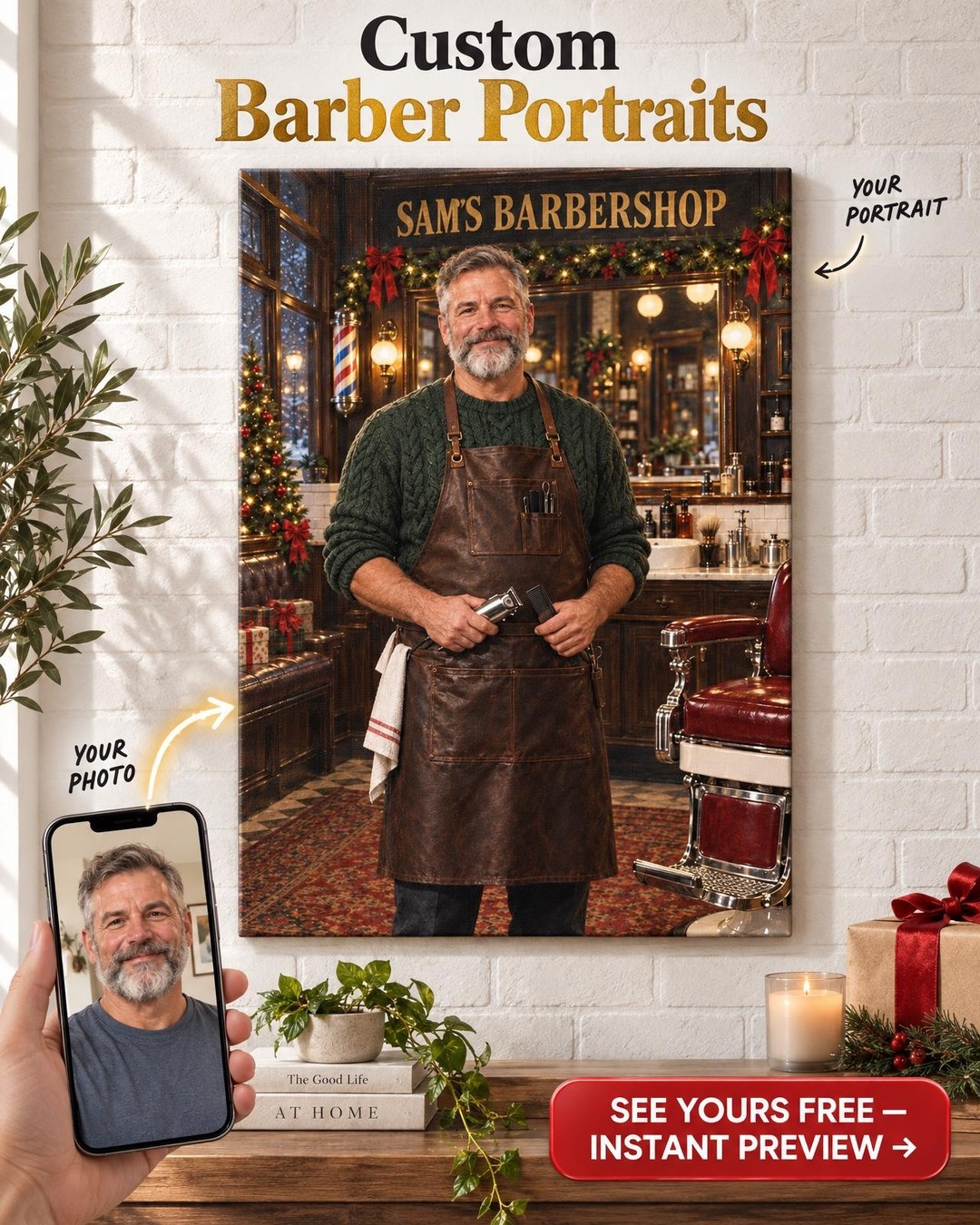Christmas Barbershop Custom Portrait from Photo | Personalized Barbershop Gift
