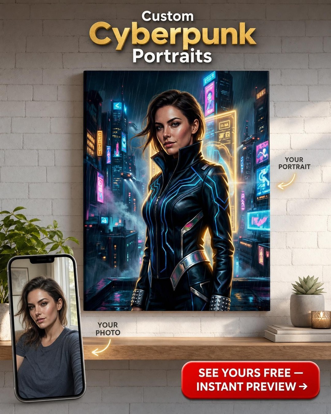 Custom Cyberpunk Single Man Portrait — Heroic Neon Cityscape Canvas