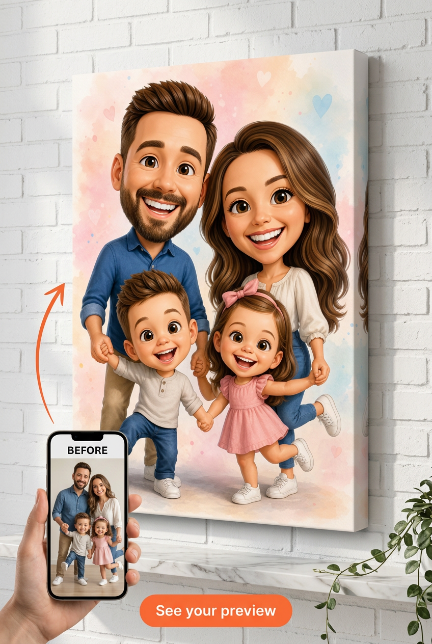 Custom Family Caricature Portrait — Whimsical Canvas from Photo