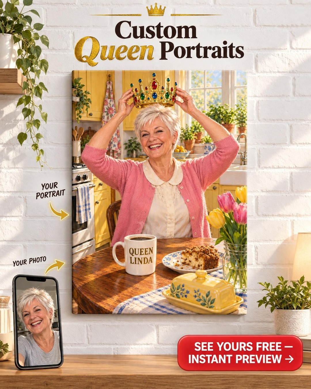 Queen of Her Own Kitchen Custom Portrait from Photo | Personalized Self Crowned Portrait Gift