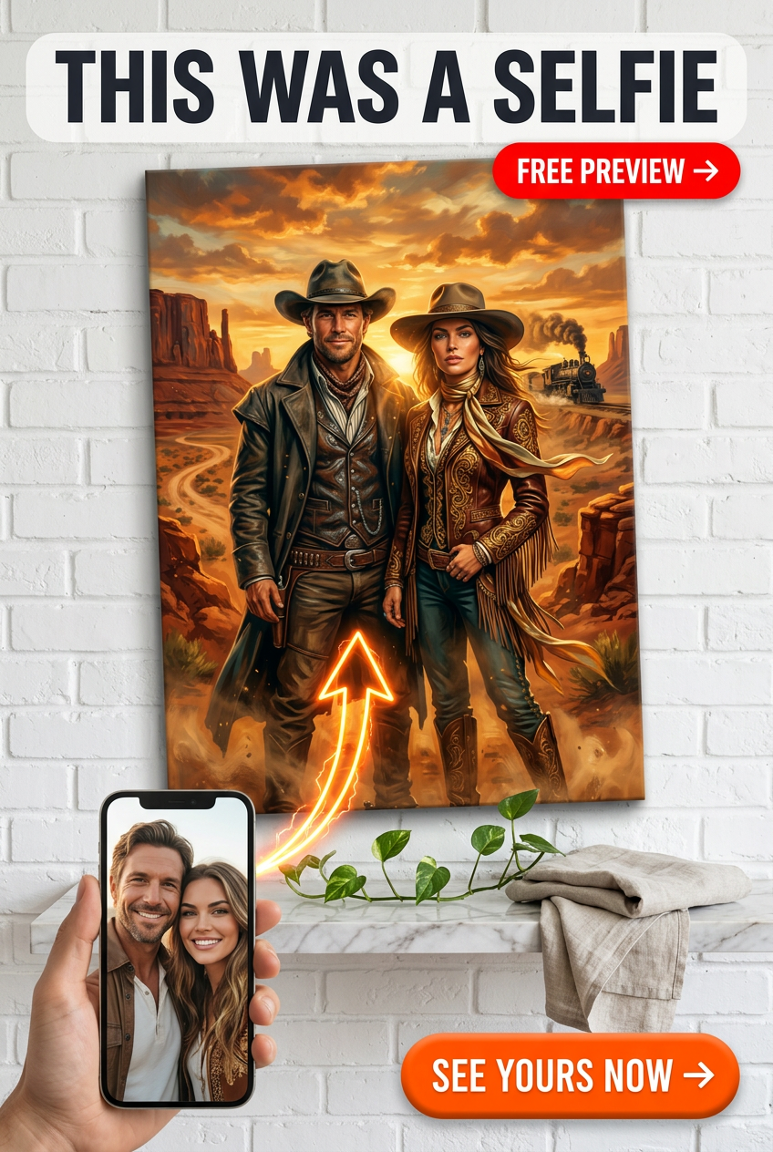 Ritratto su Tela Epico di Coppia Cowboy Wild West Reverie