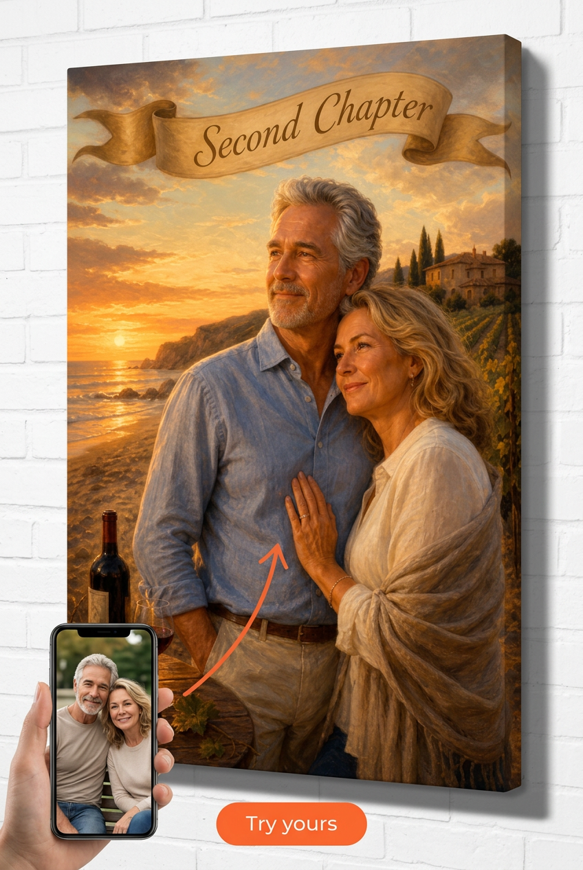 Custom LifeTransition Couple Portrait — Serene Sunset Vineyard from Photo