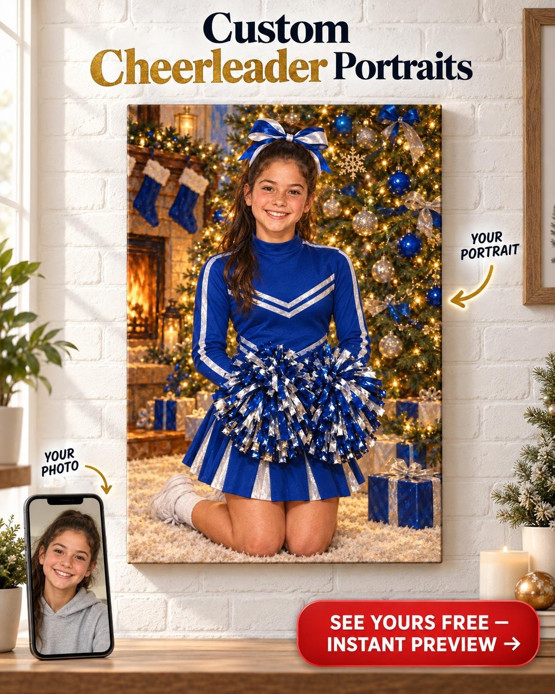 Her Cheer Season Christmas Custom Portrait from Photo | Personalized Cheer Portrait Gift