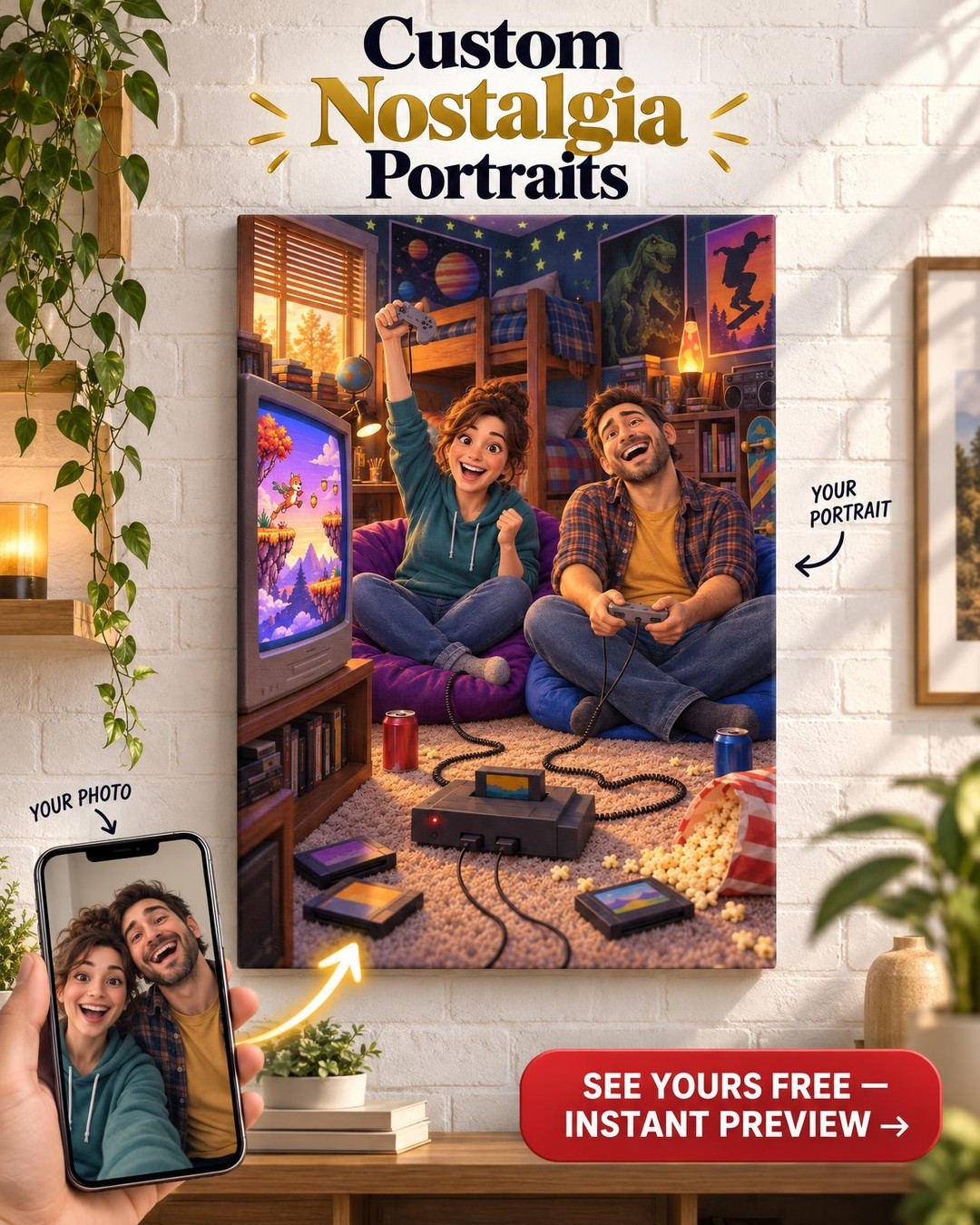Brother and Sister Retro Gamer Custom Portrait from Photo | Personalized Retro Gamer Gift