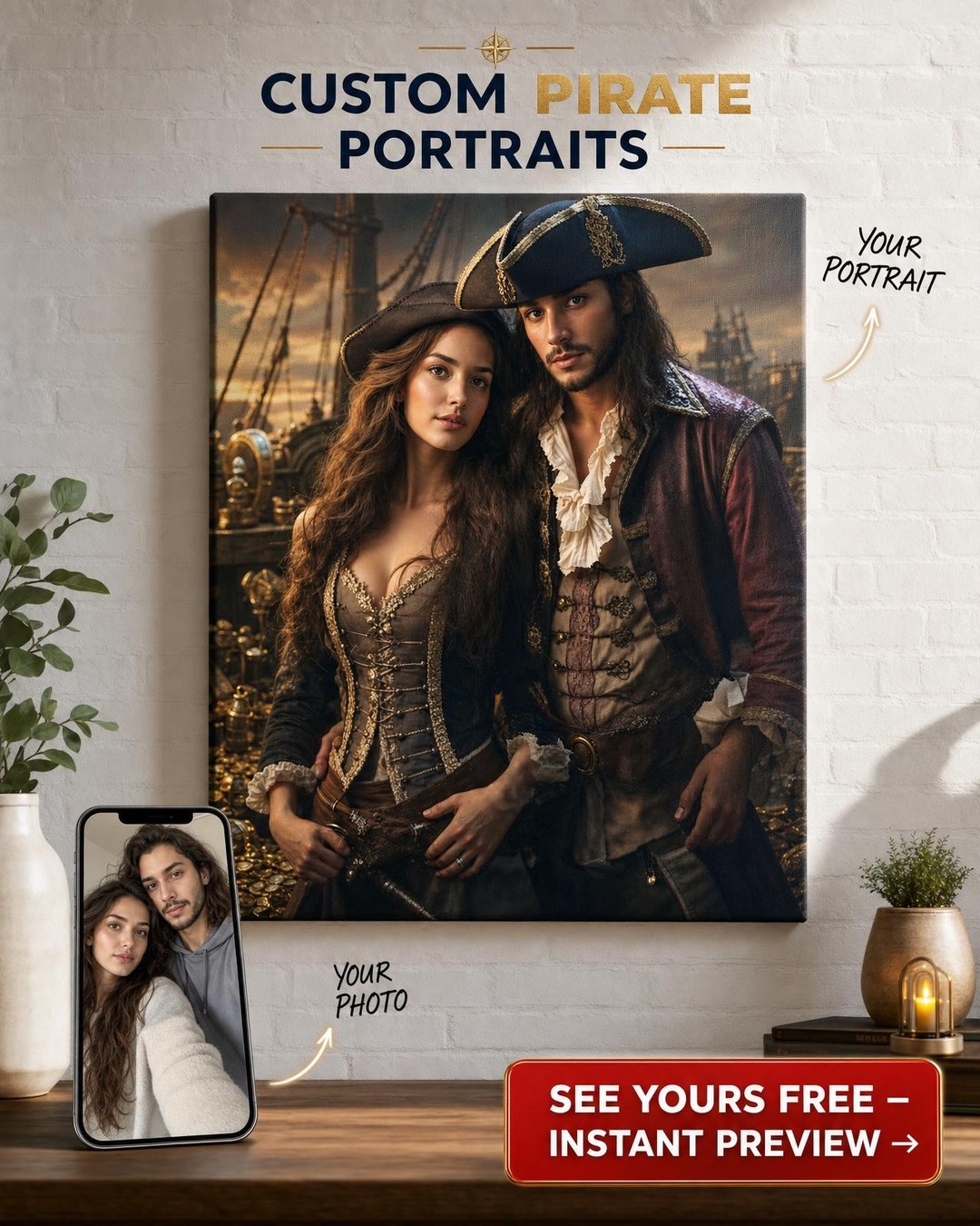 Custom Pirate Couple Portrait — Adventure Canvas