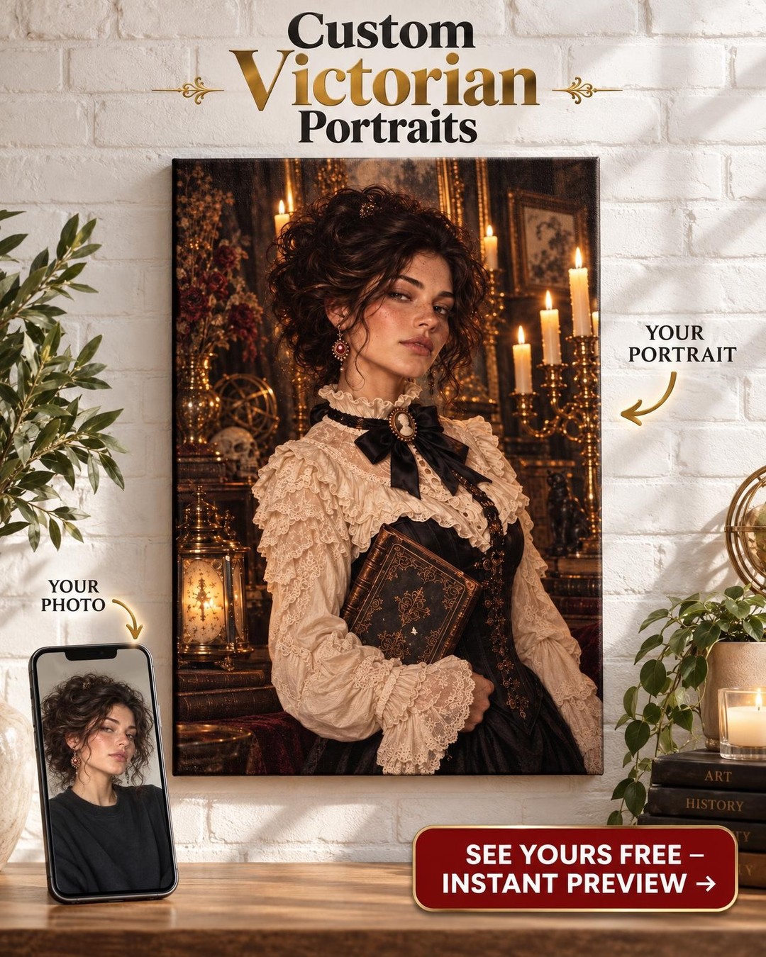 Victorian Spellbook Witch Custom Portrait from Photo | Personalized for Her Gift