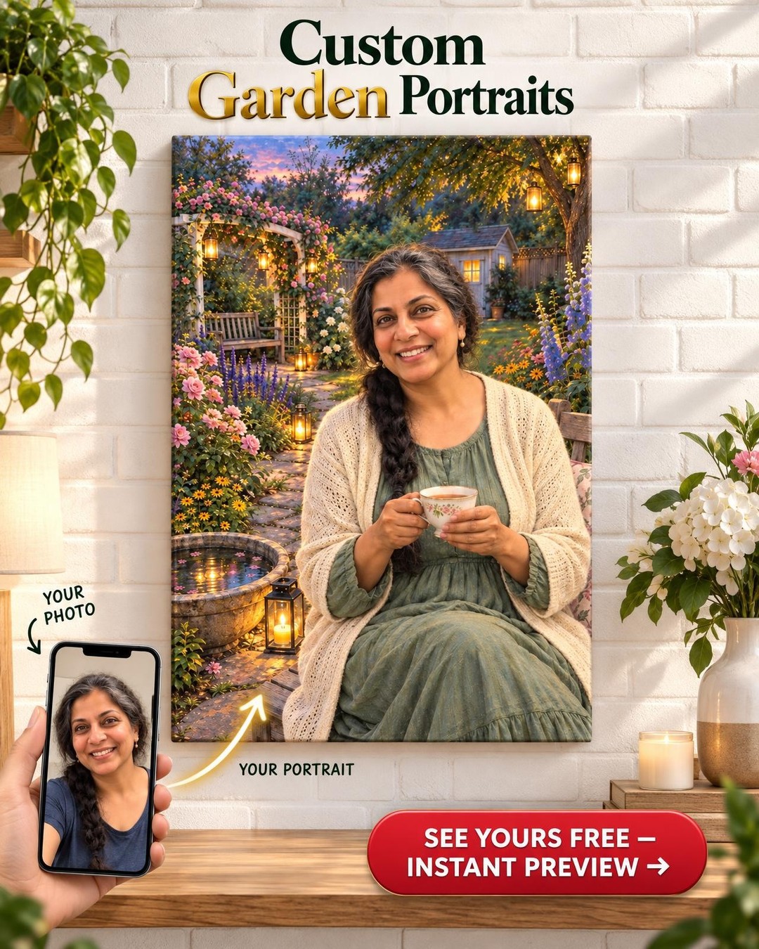 Her Garden at Dusk Custom Portrait from Photo | Personalized Slow Living Gift