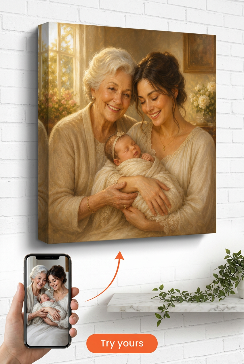 Gift for New Mom — Generational Love Portrait Canvas from Photo
