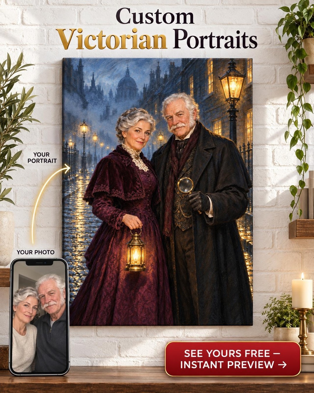Gaslit Victorian Detective Couple Custom Portrait from Photo | Personalized Film Noir Portrait Gift