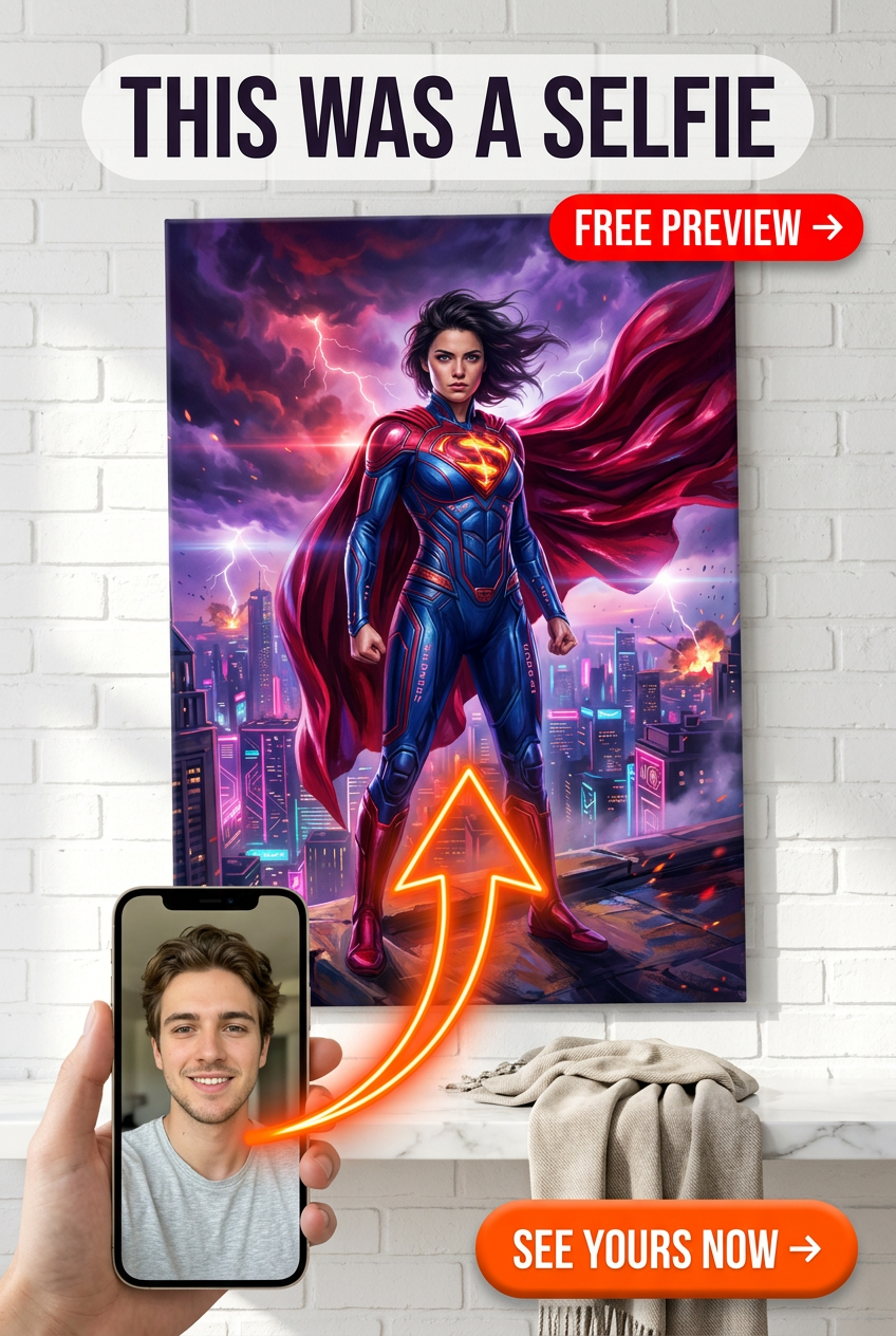 Custom Superhero Man Portrait — Heroic City Skyline Canvas