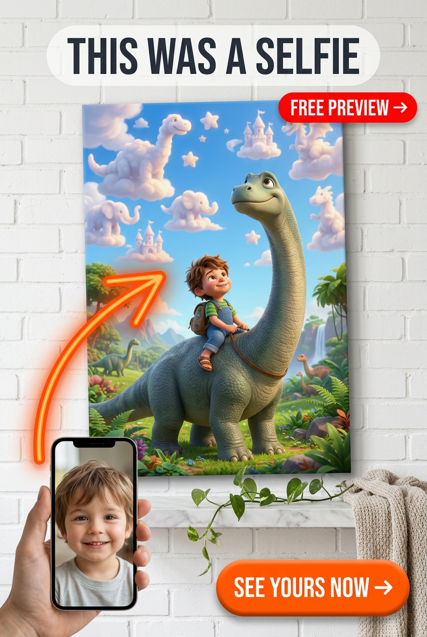 Custom Cartoon Boy Portrait — Dinosaur Adventure Canvas from Photo