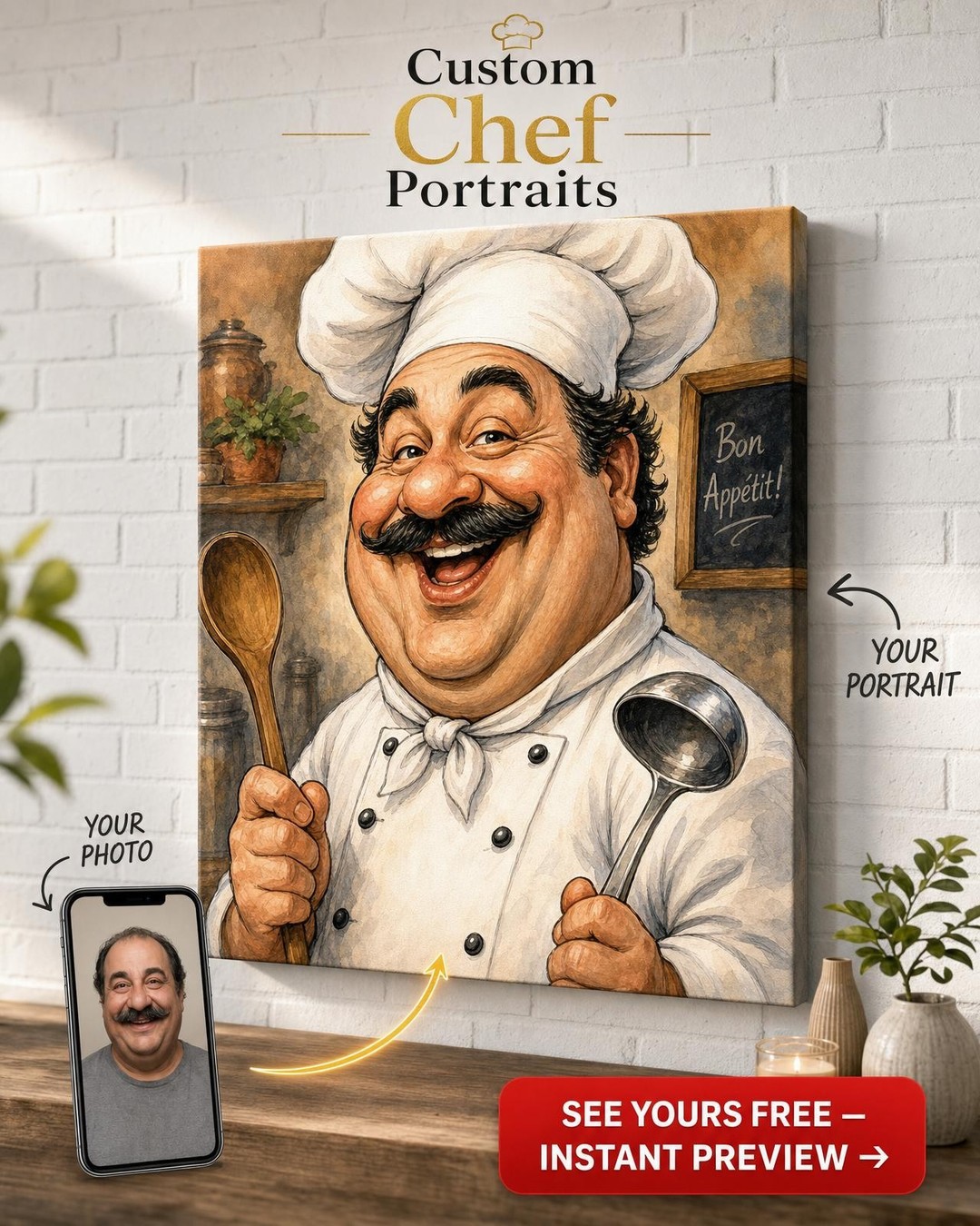 Custom Caricature Single Man Portrait — Whimsical Chef Canvas