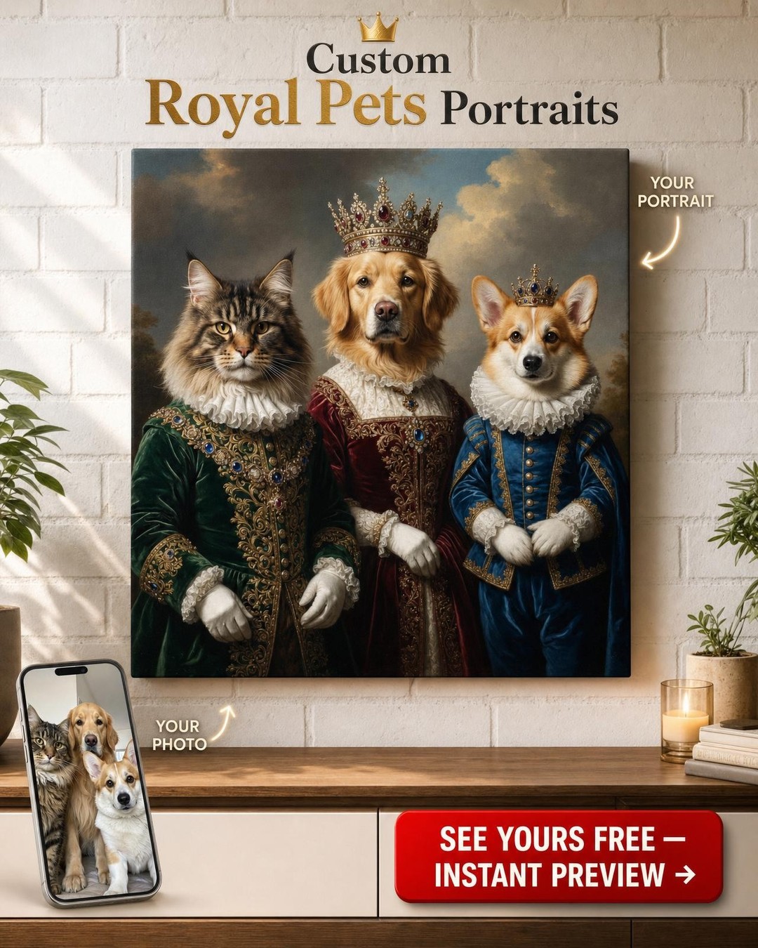Custom Royal Pet Portrait — Regal Dog Canvas from Photo