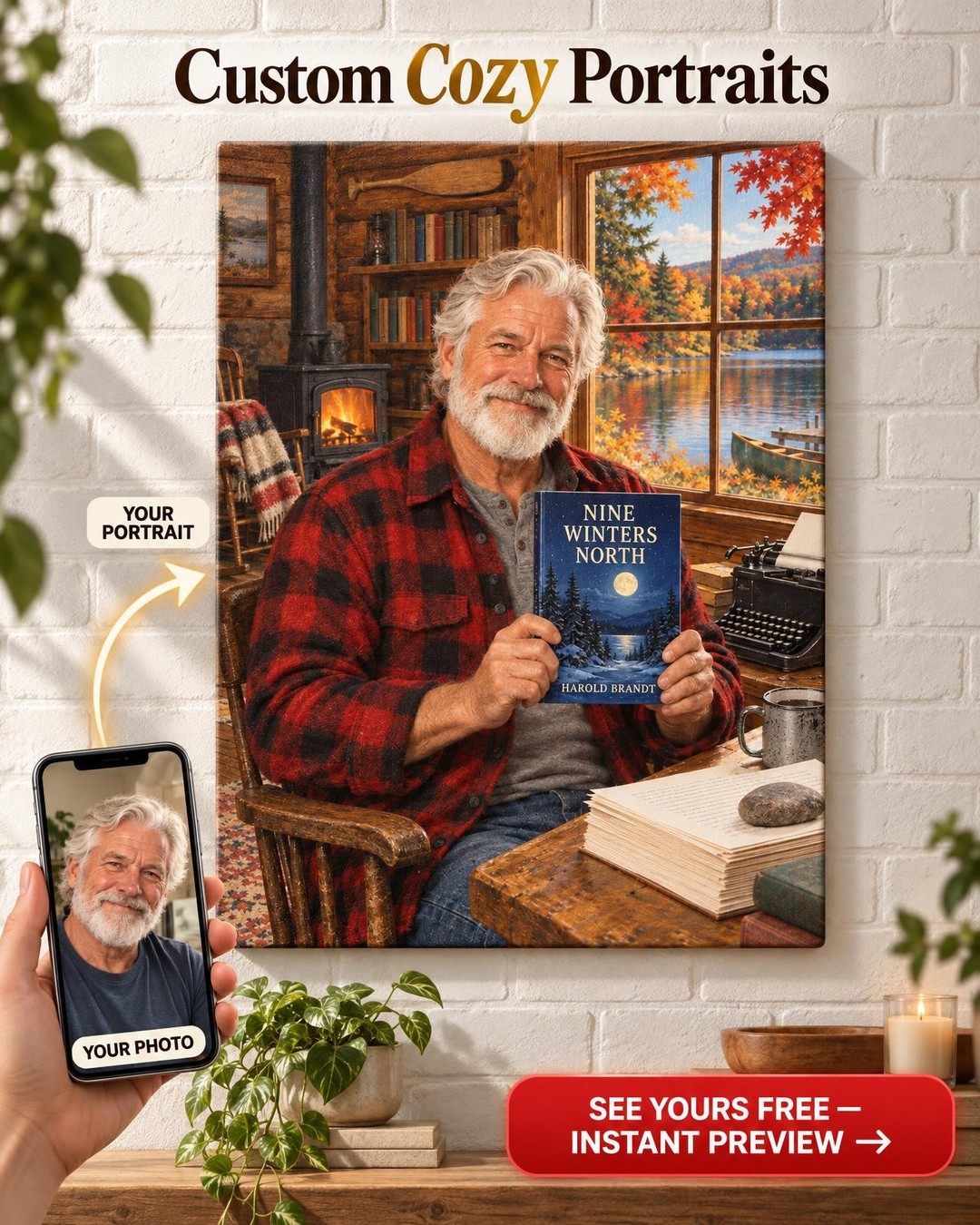 The Writer’s Cabin Custom Portrait from Photo | Personalized Author Portrait Gift