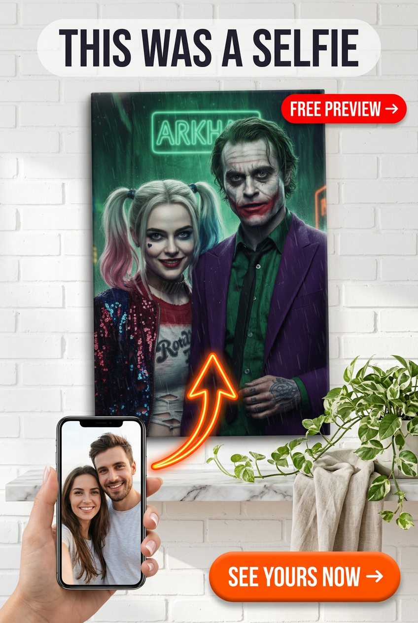 Custom Superhero Couple Portrait — Whimsical Neon Canvas from Photo