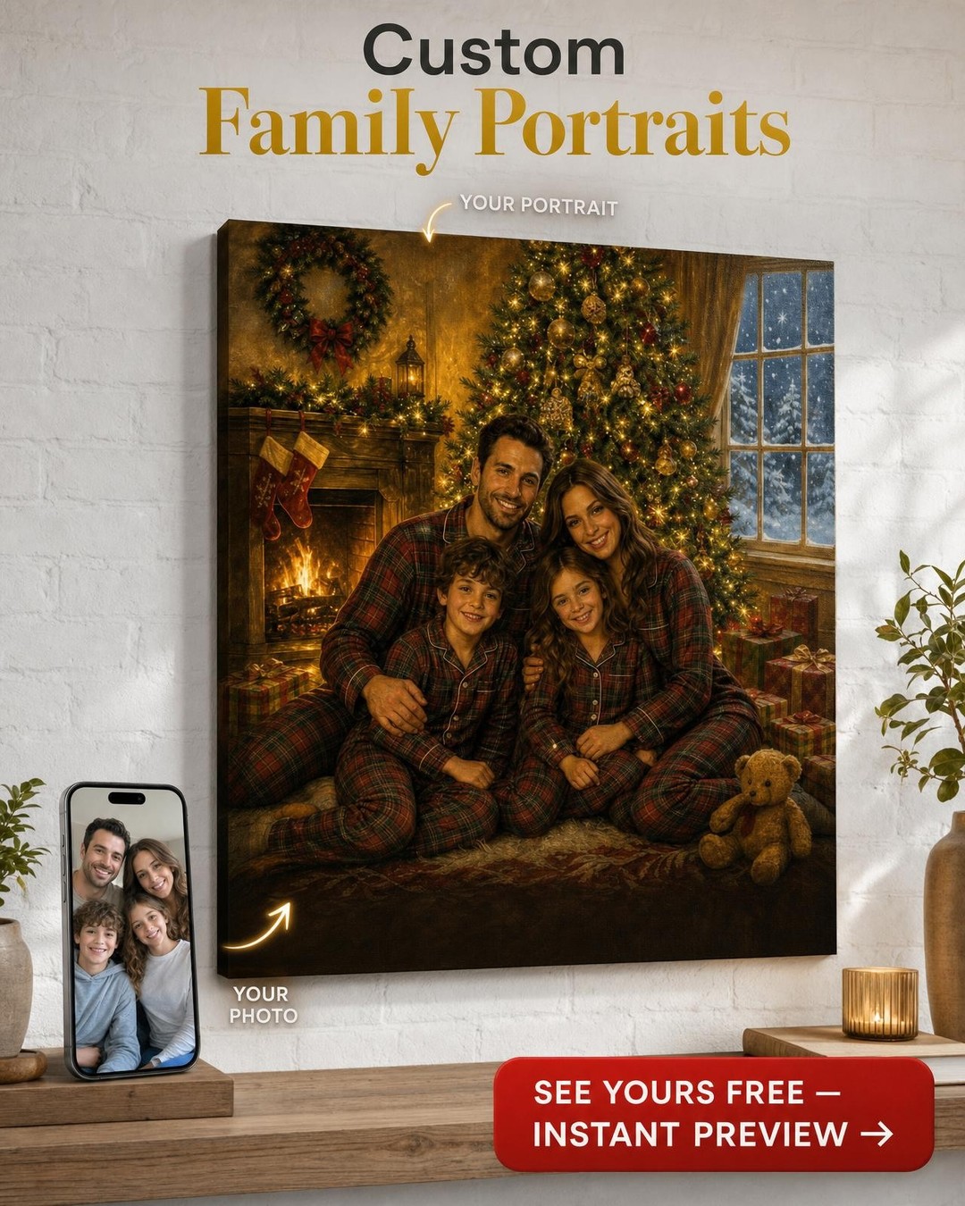 Custom Christmas Family Portrait — Festive Fireplace Canvas from Photo