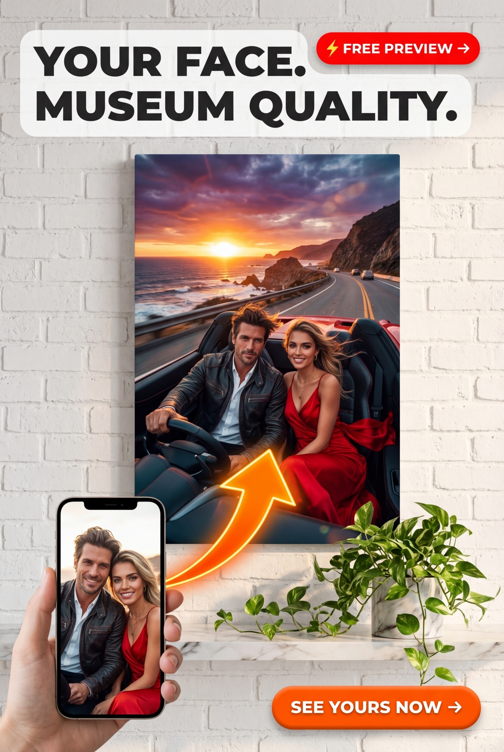 Custom Sunset Couple Portrait — Romantic Road Trip Canvas Art