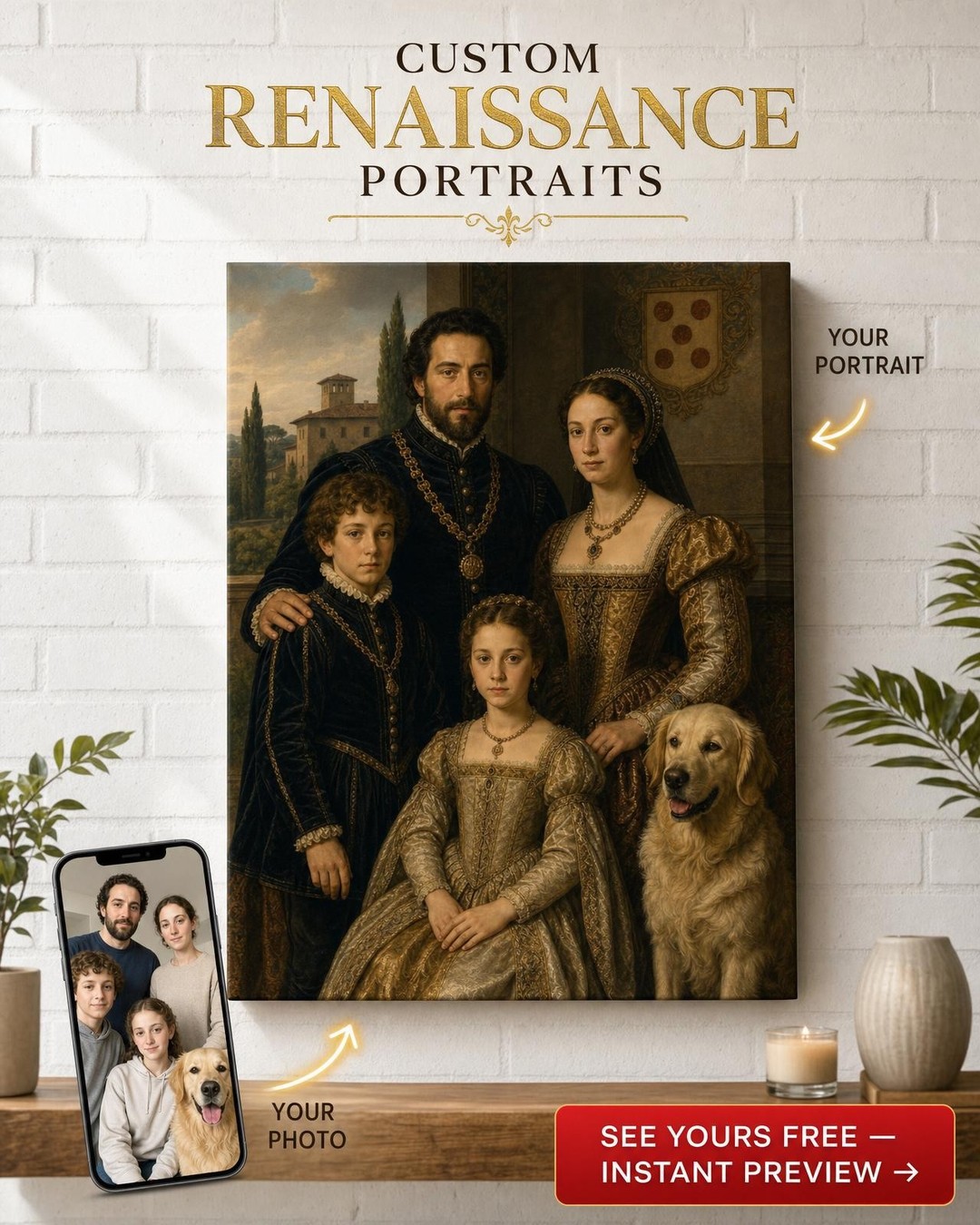 Custom Renaissance Family Portrait — Regal Castle Canvas from Photo