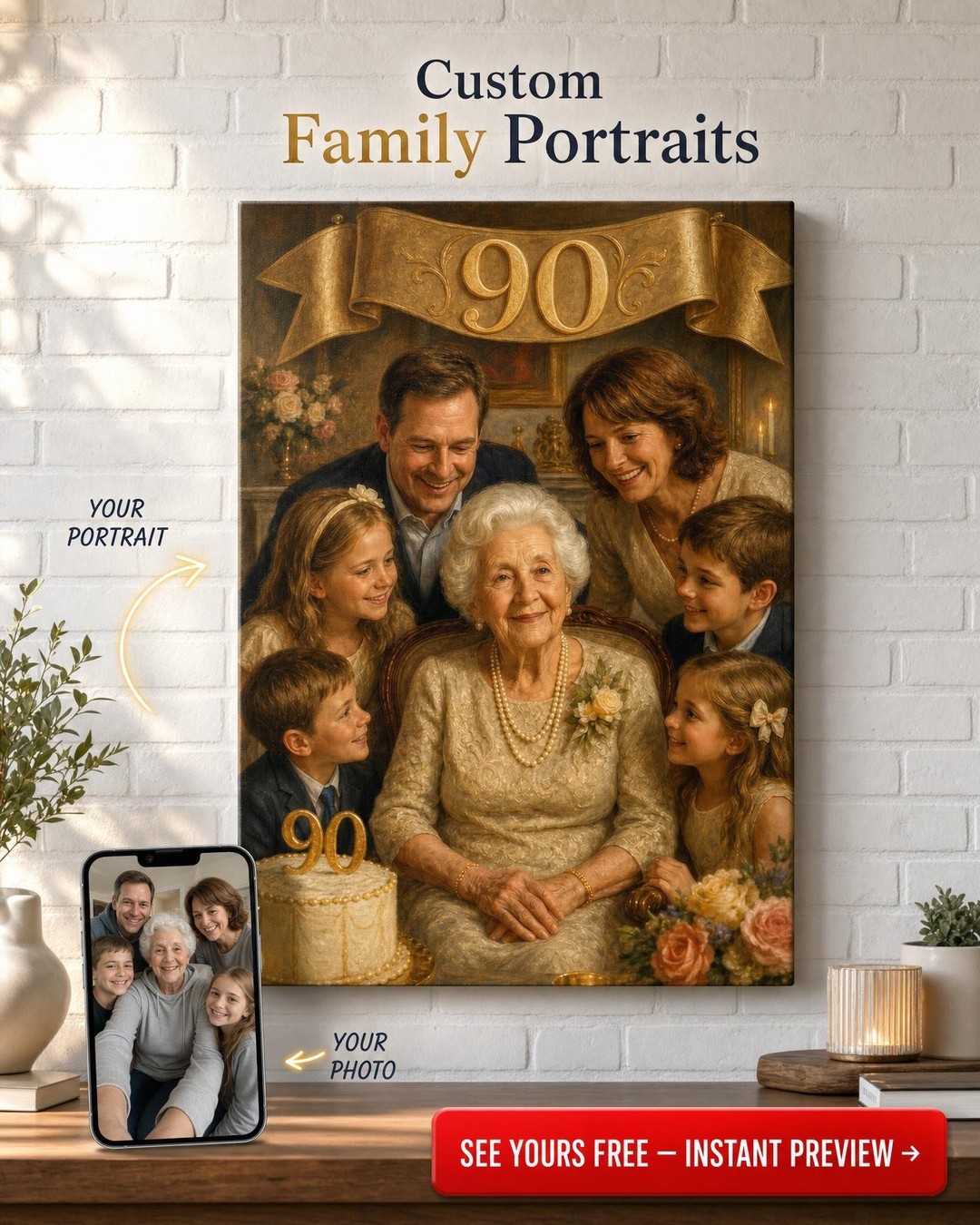 90th Birthday Family Portrait Canvas Gift
