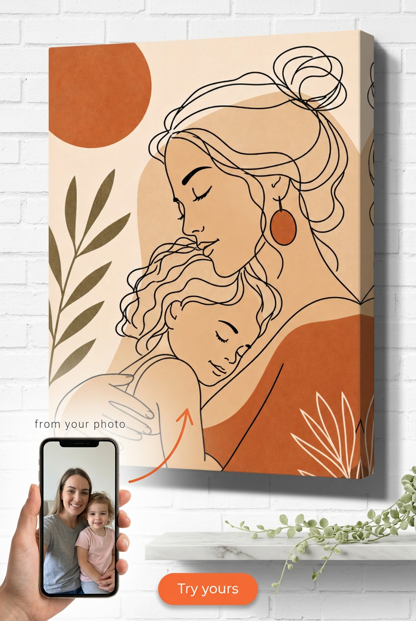 Custom Boho Mother-Child Portrait — Serene Family Canvas from Photo