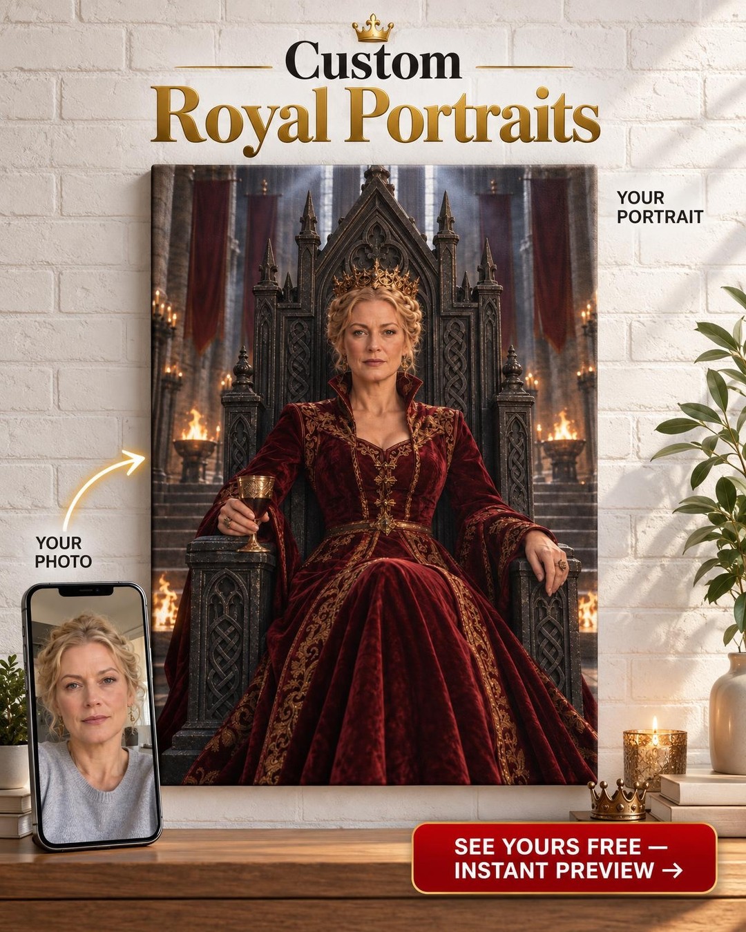 Queen on the Great Throne Custom Portrait from Photo | Personalized For Her Gift