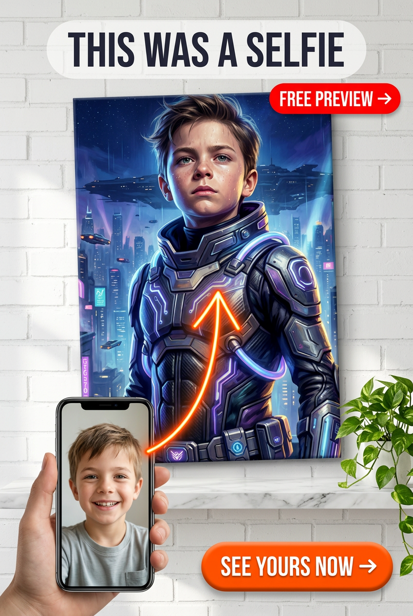 Custom Cyberpunk Boy Portrait — Heroic Neon Canvas from Photo