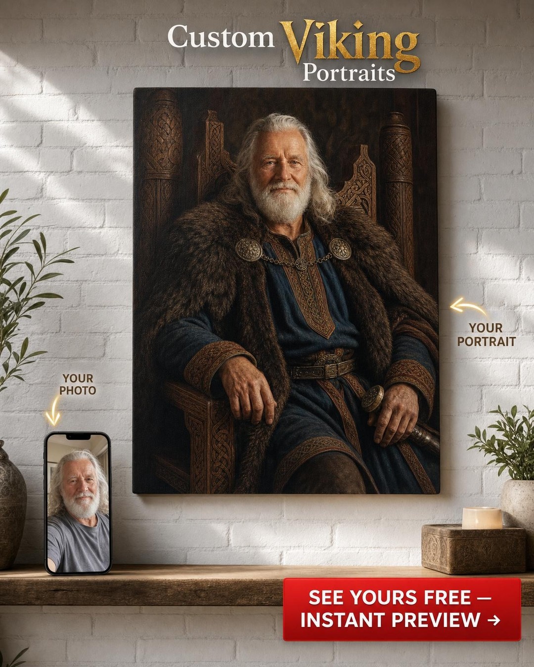 Custom Viking Man Portrait — Regal Warrior Canvas from Photo