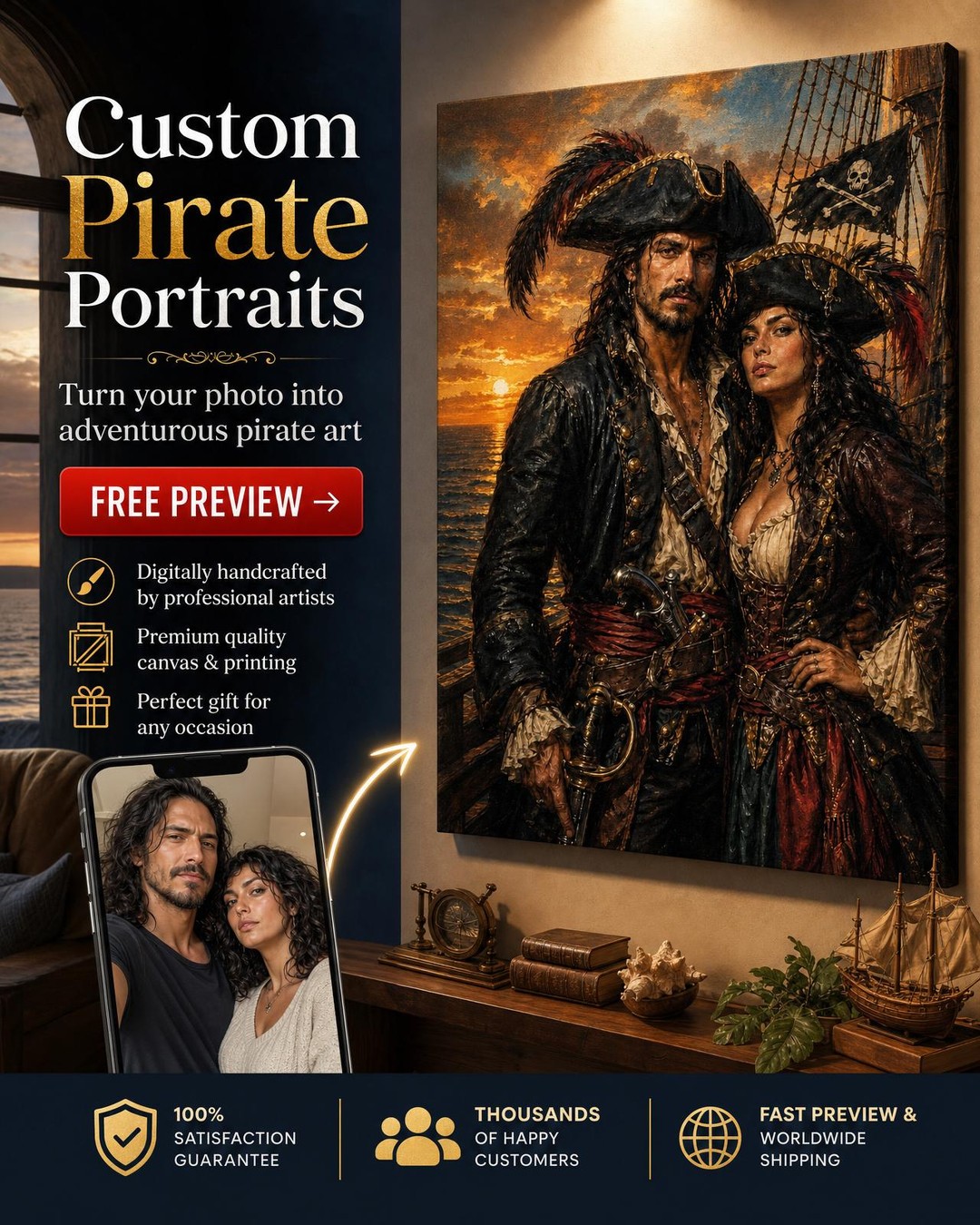 Custom Pirate Couple Portrait — Romantic Sunset Adventure