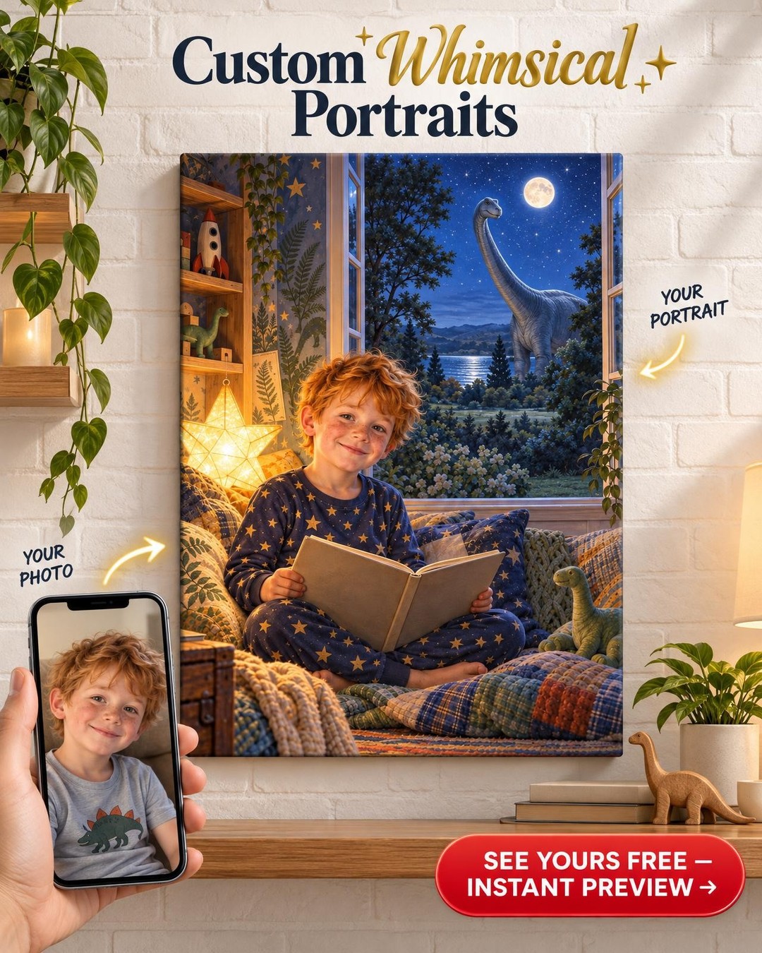 Dino Dreams Bedtime Custom Portrait from Photo | Personalized Dinosaur Gift