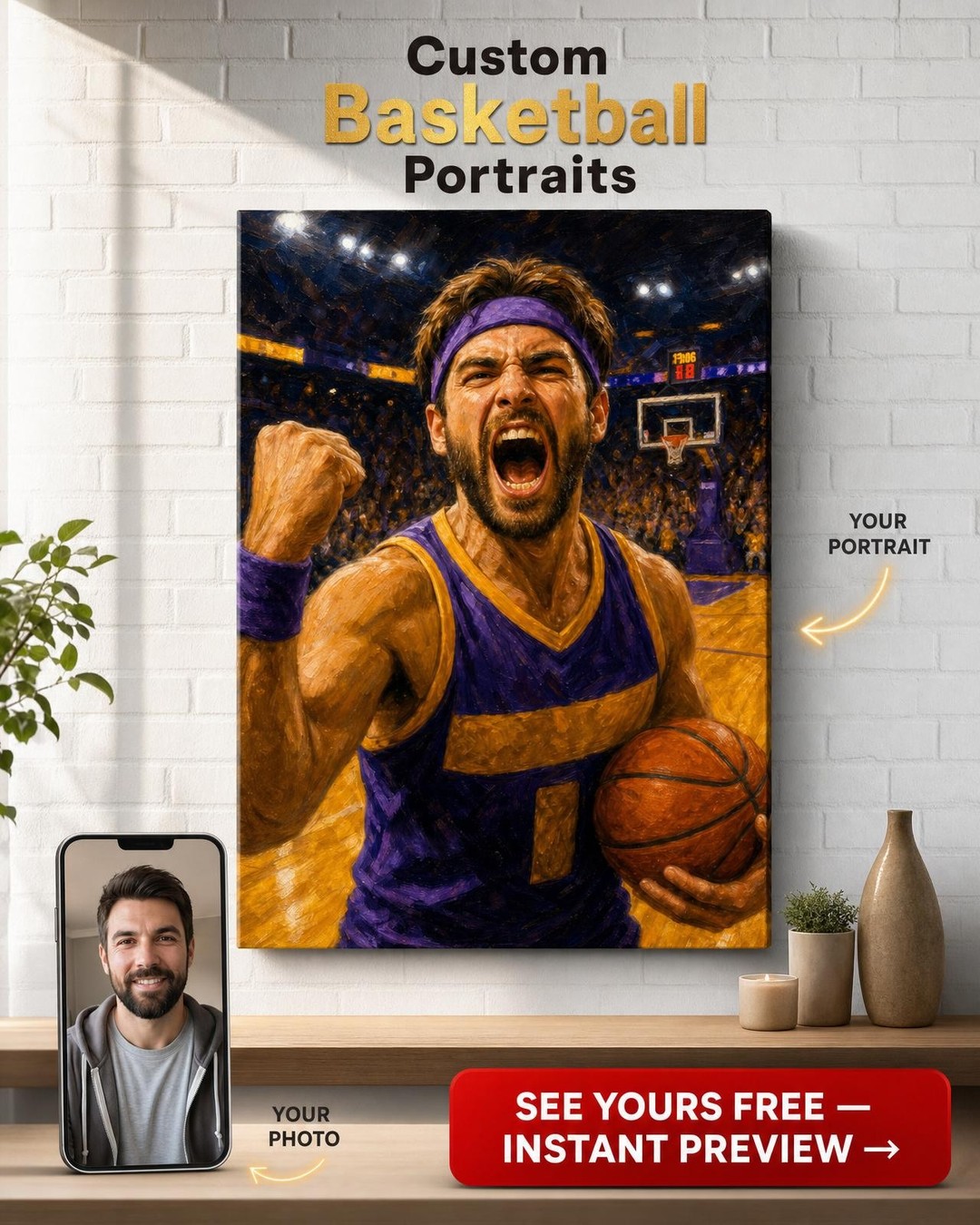 Custom Sports Man Portrait — Heroic Basketball Court Canvas