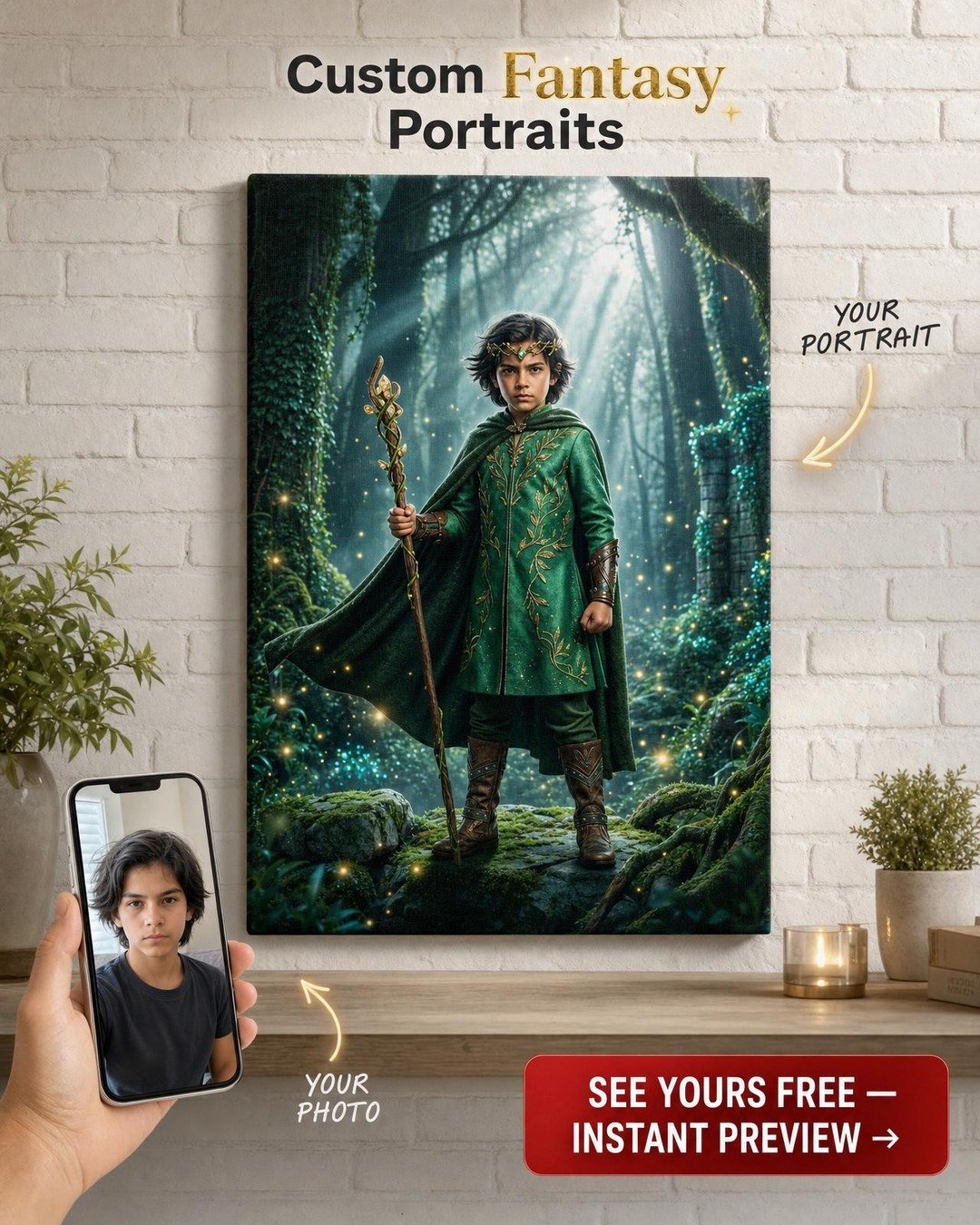 Custom Fantasy Boy Portrait — Whimsical Forest Magic Canvas