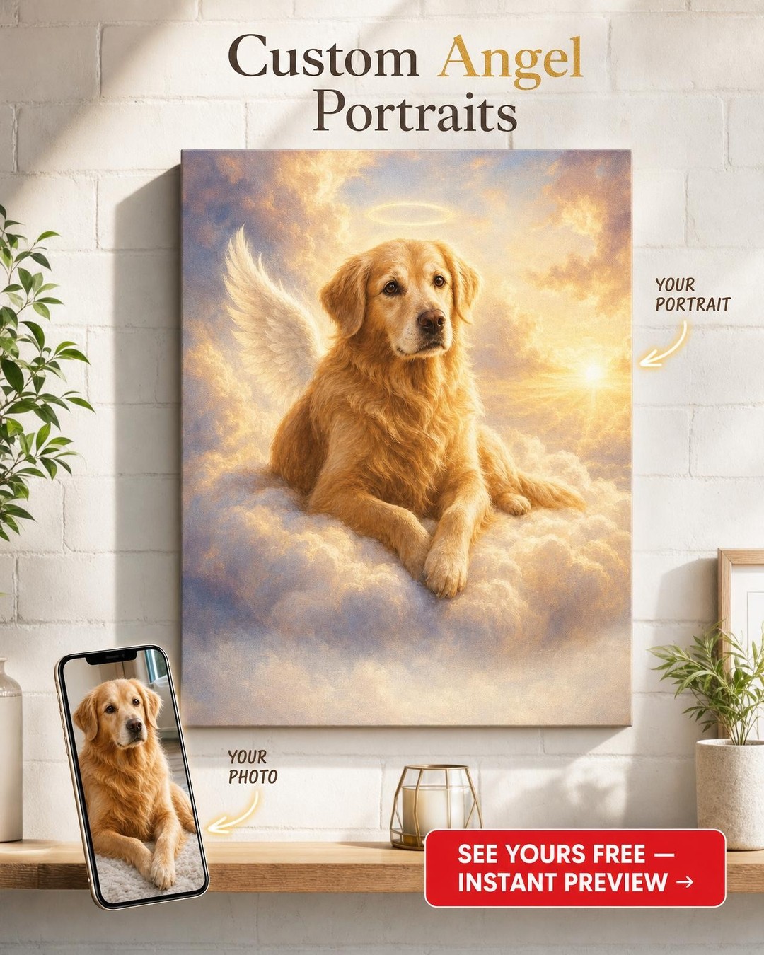 Custom Memorial Pet-Dog Portrait — Heavenly Golden Retriever from Photo