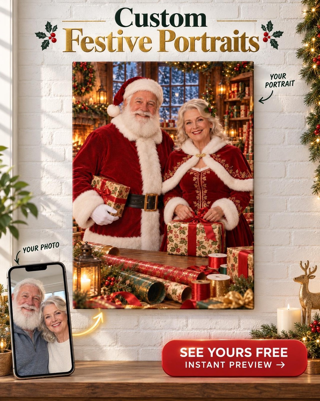 Custom Santa & Mrs. Claus Couple Portrait — Gift-Wrapping Room Canvas from Photo