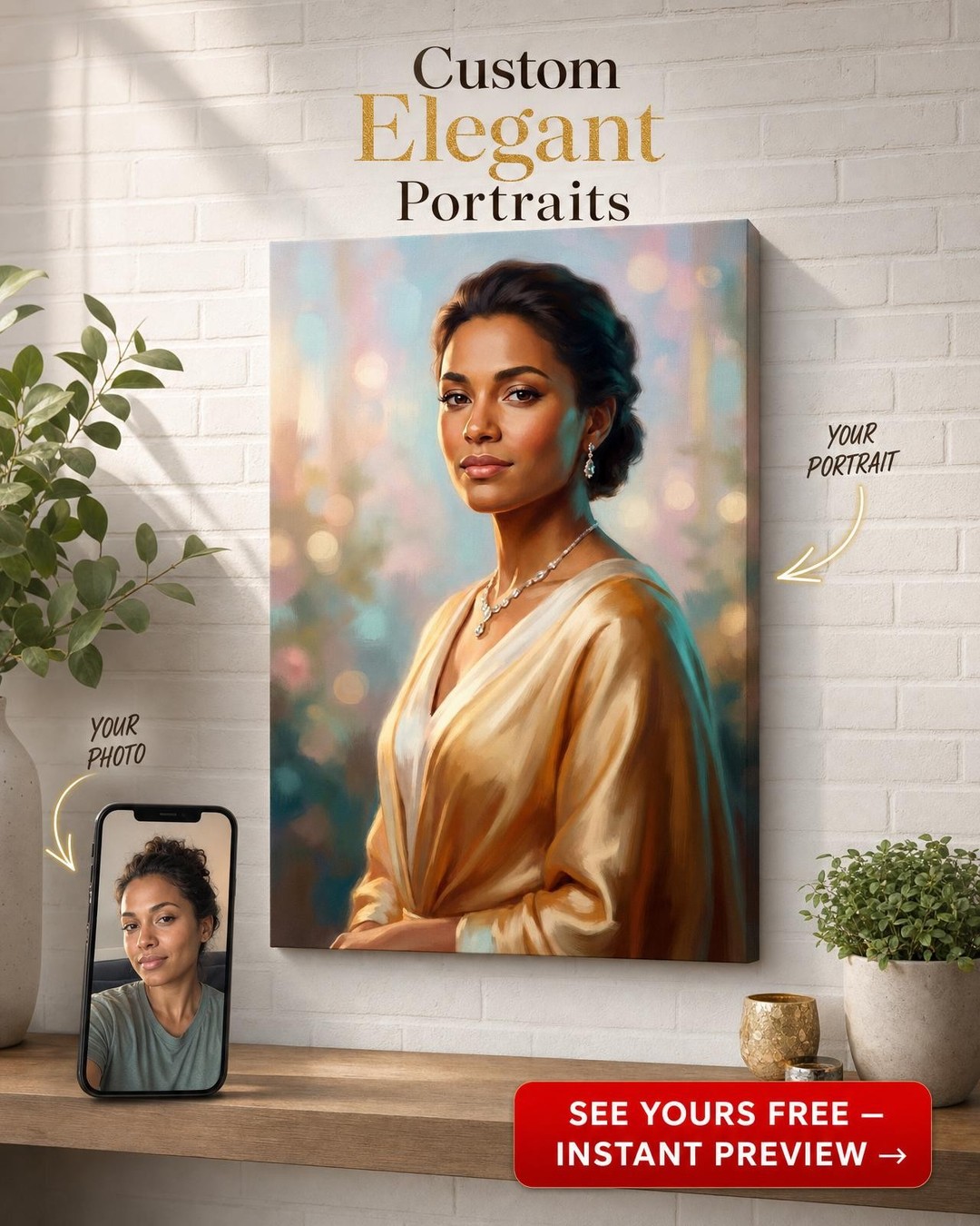 Custom Royal Woman Portrait — Serene Elegance Canvas from Photo